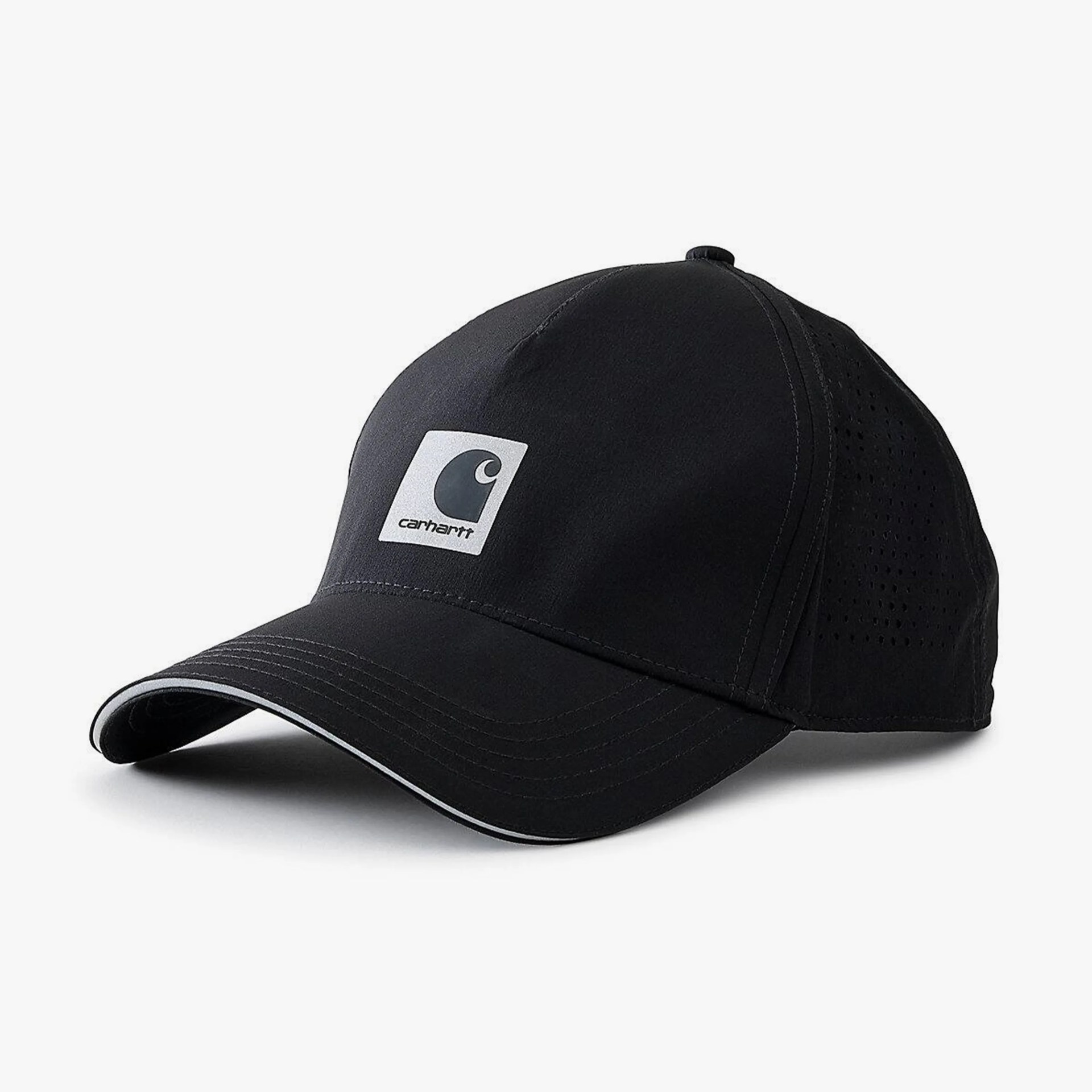 Black Carhartt baseball cap with perforated side panels and white logo patch on front.