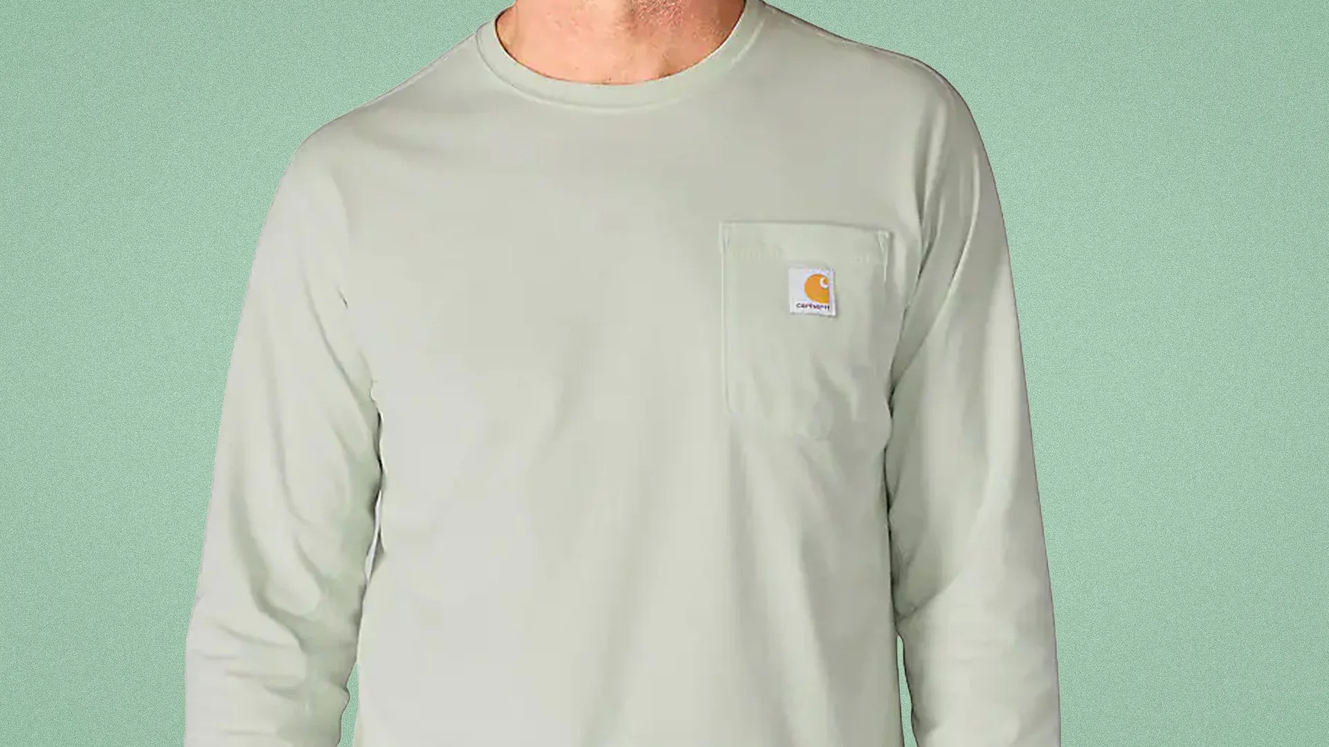 Light gray long-sleeve Carhartt shirt with chest pocket and logo patch.