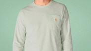 Light gray long-sleeve Carhartt shirt with chest pocket and logo patch.