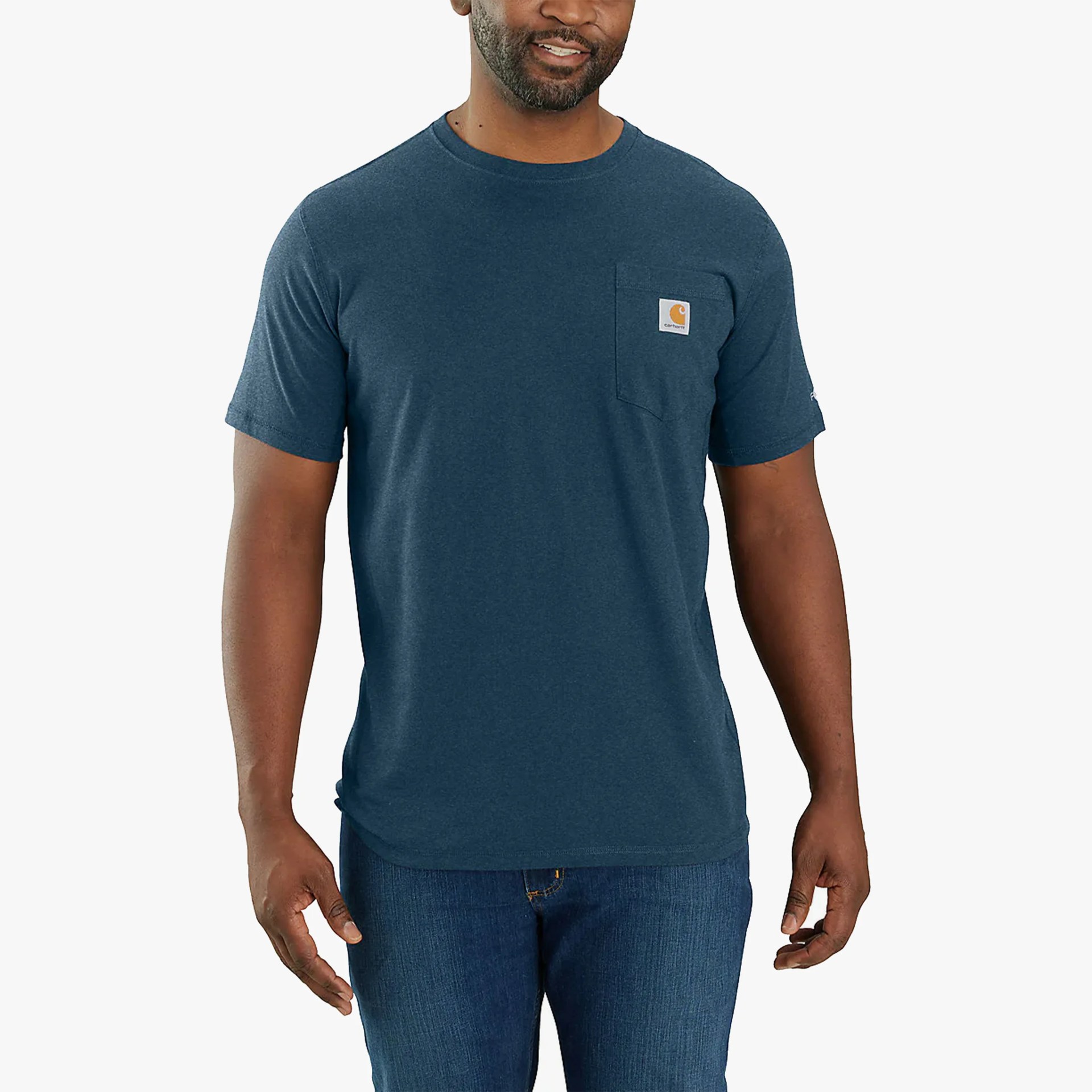 Navy blue short-sleeve Carhartt pocket t-shirt worn by a person with blue jeans.