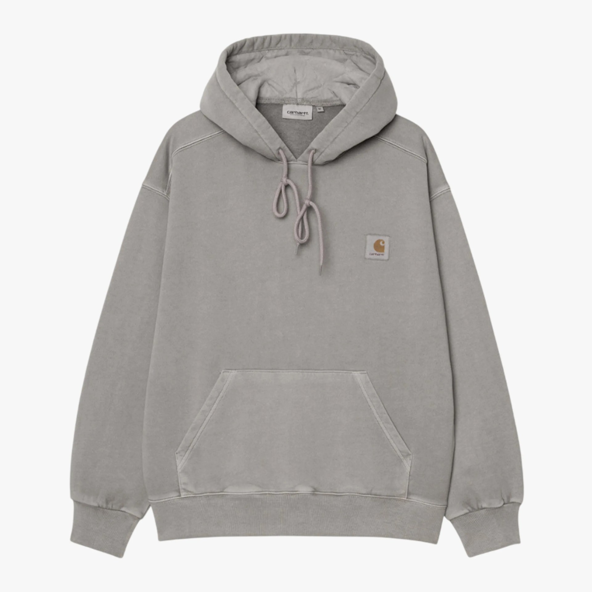 Light gray Carhartt hoodie with front kangaroo pocket and drawstring hood.
