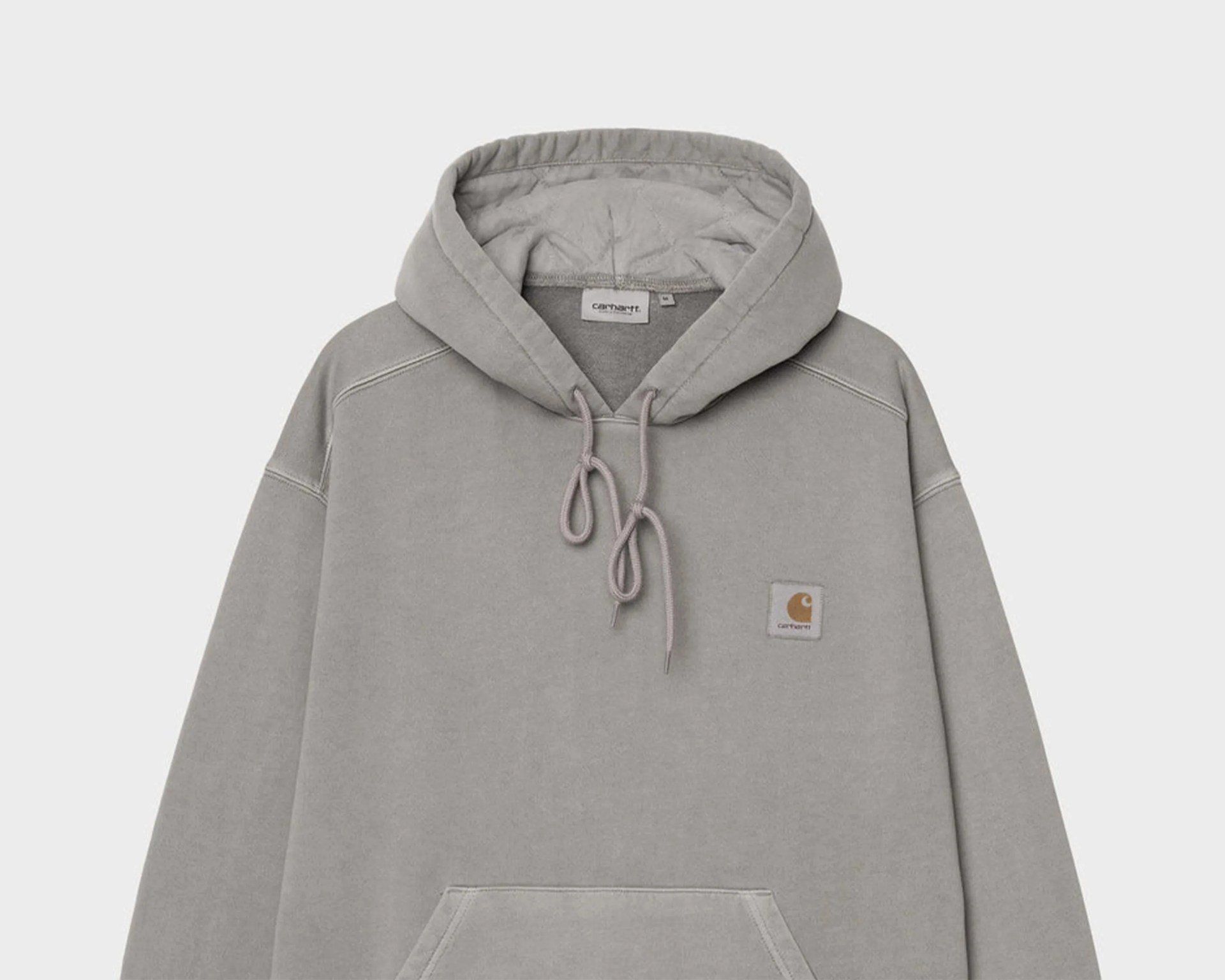 Light gray Carhartt hoodie with front pocket and drawstring hood.