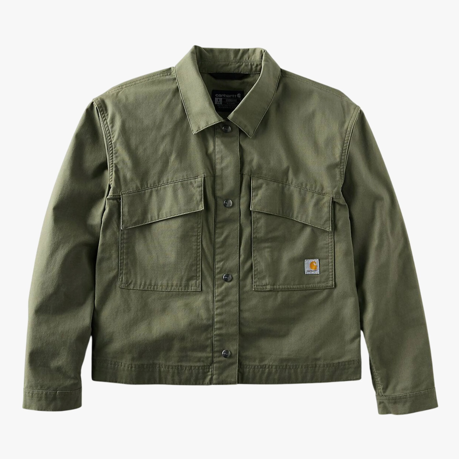 Olive green Carhartt button-up jacket with two front flap pockets and long sleeves.
