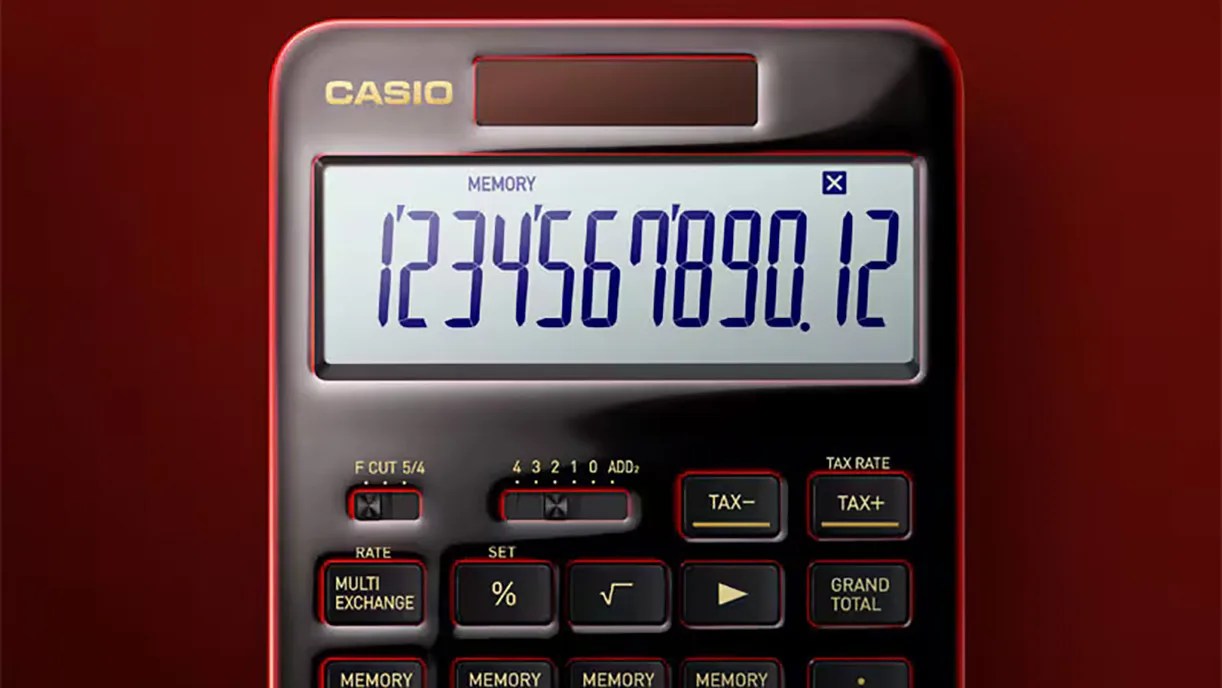 Black Casio calculator with a large digital display showing numbers 1234567890.12 on a red background.