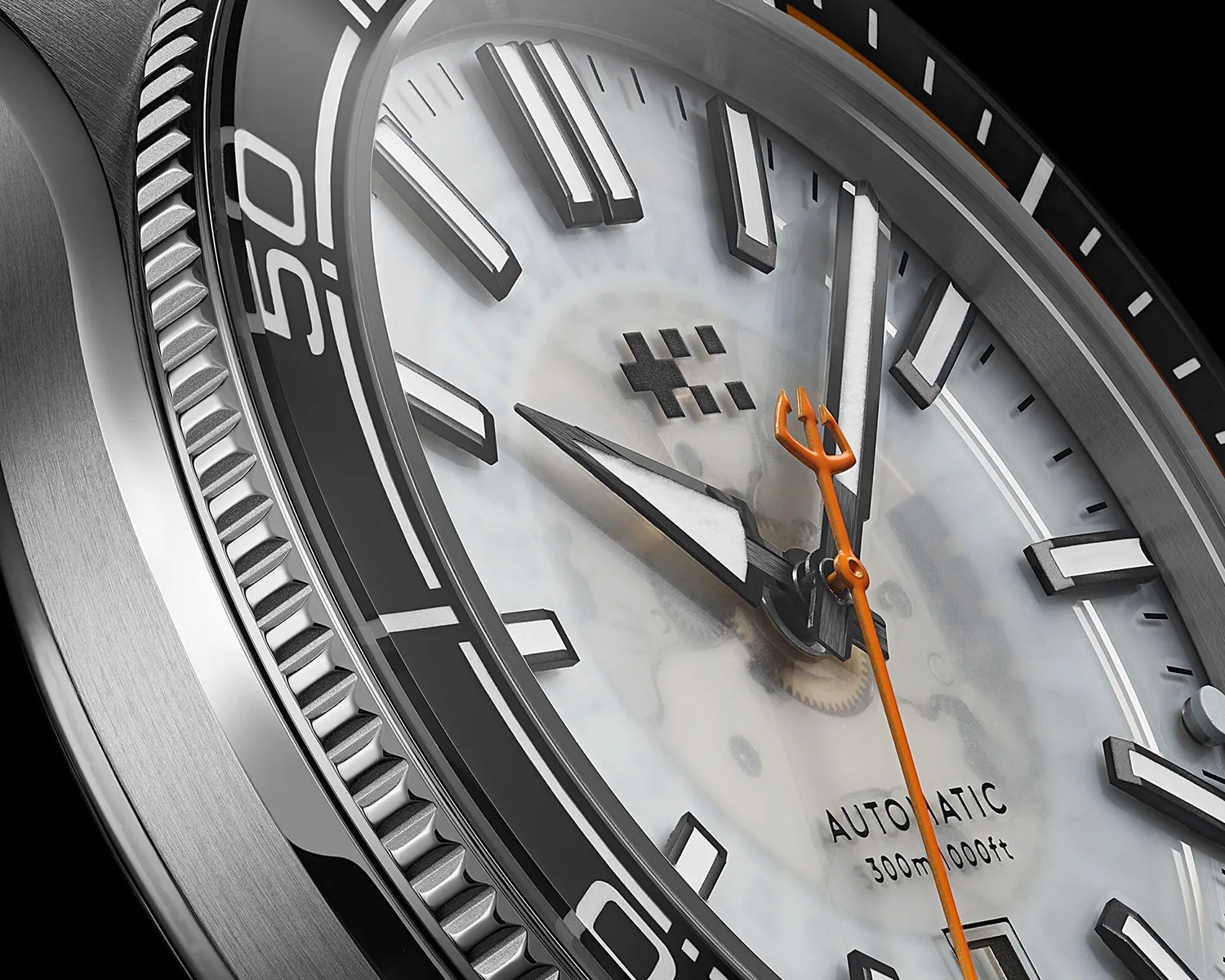 Close-up of a stainless steel automatic watch with a white dial, black and white hour markers, and an orange second hand shaped like a trident.