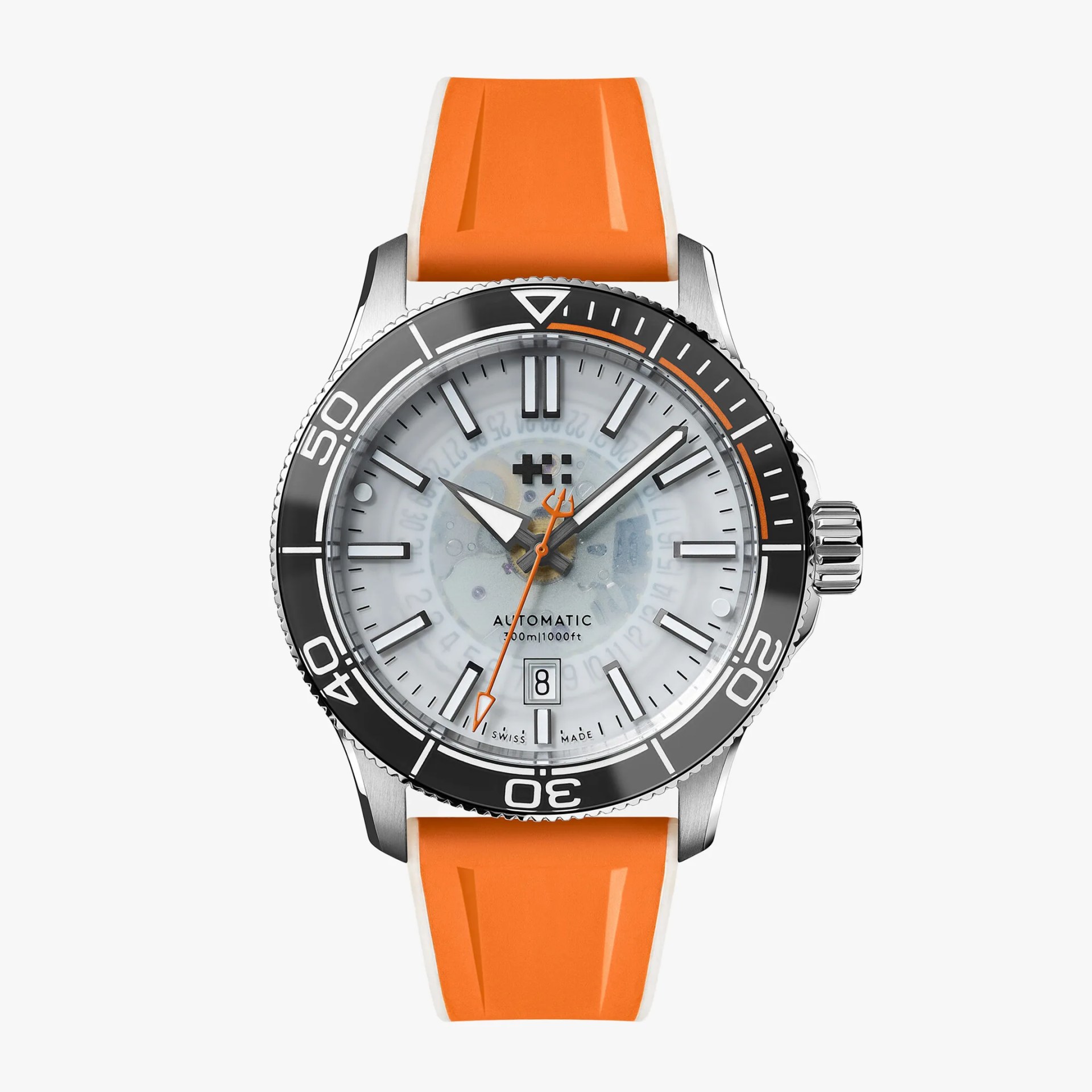 Diver-style wristwatch with a silver case, black bezel, white dial, and bright orange rubber strap.