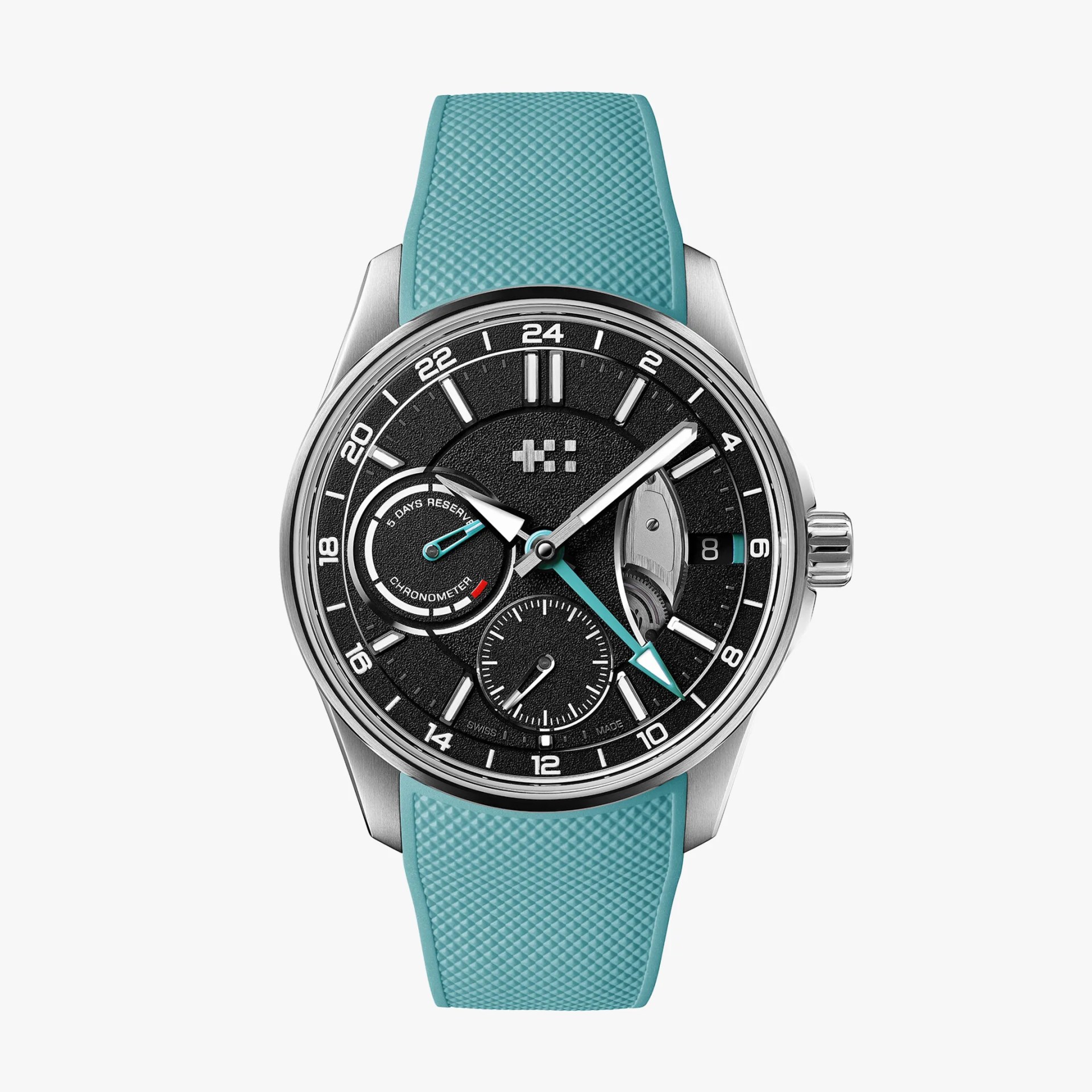 Silver wristwatch with black textured dial, turquoise hands, and matching textured turquoise rubber strap.