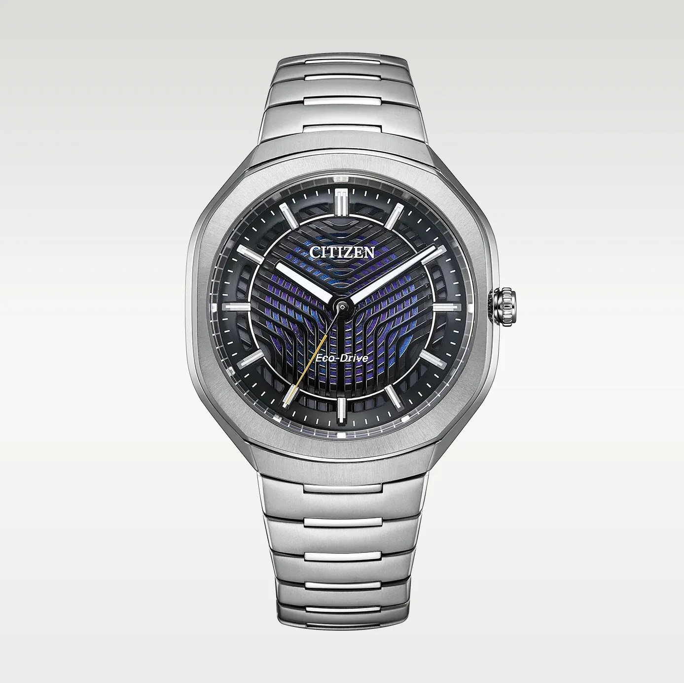 Silver stainless steel Citizen Eco-Drive wristwatch with a black and blue patterned dial and silver hour markers.