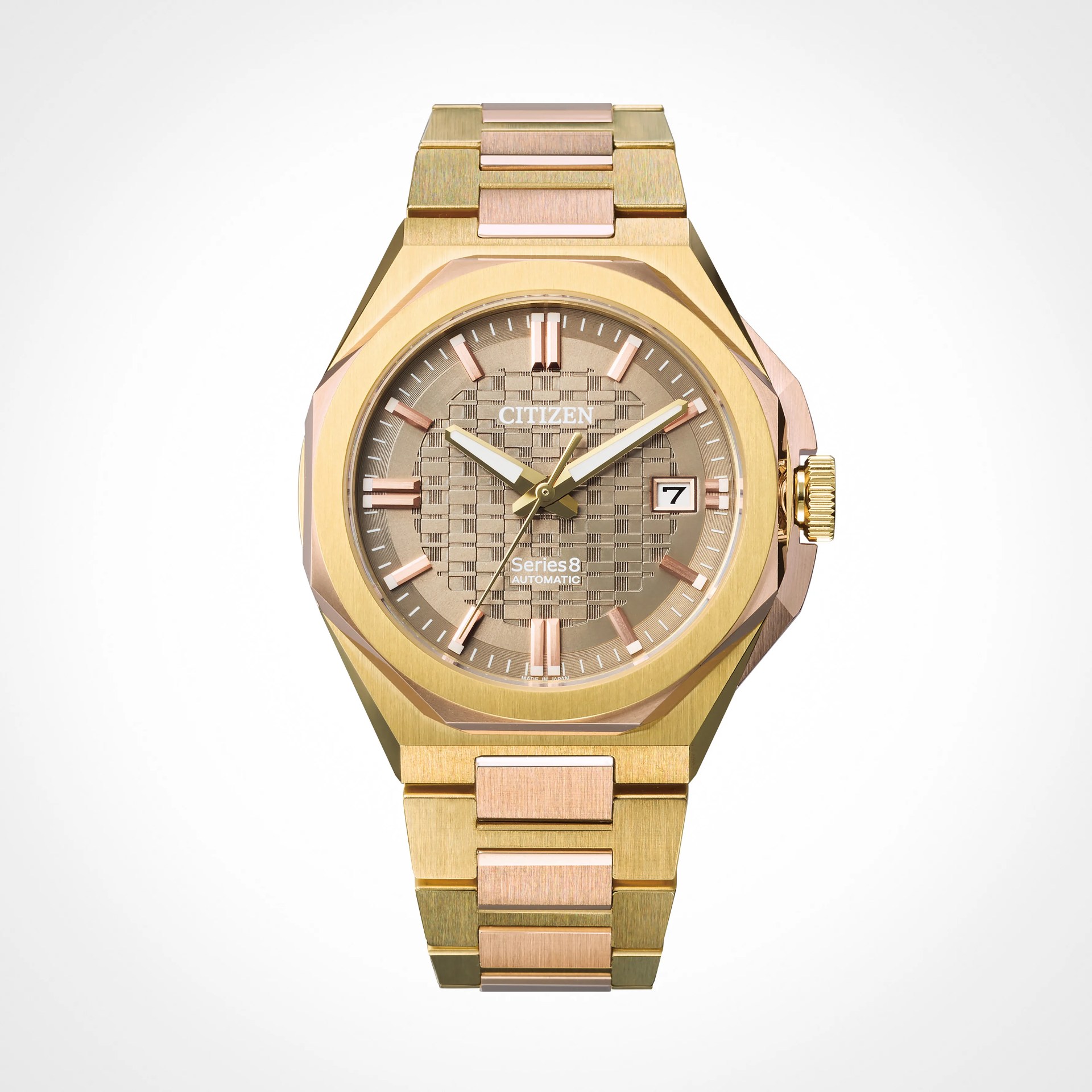 Gold and rose gold Citizen Series 8 automatic wristwatch with textured dial and date display.