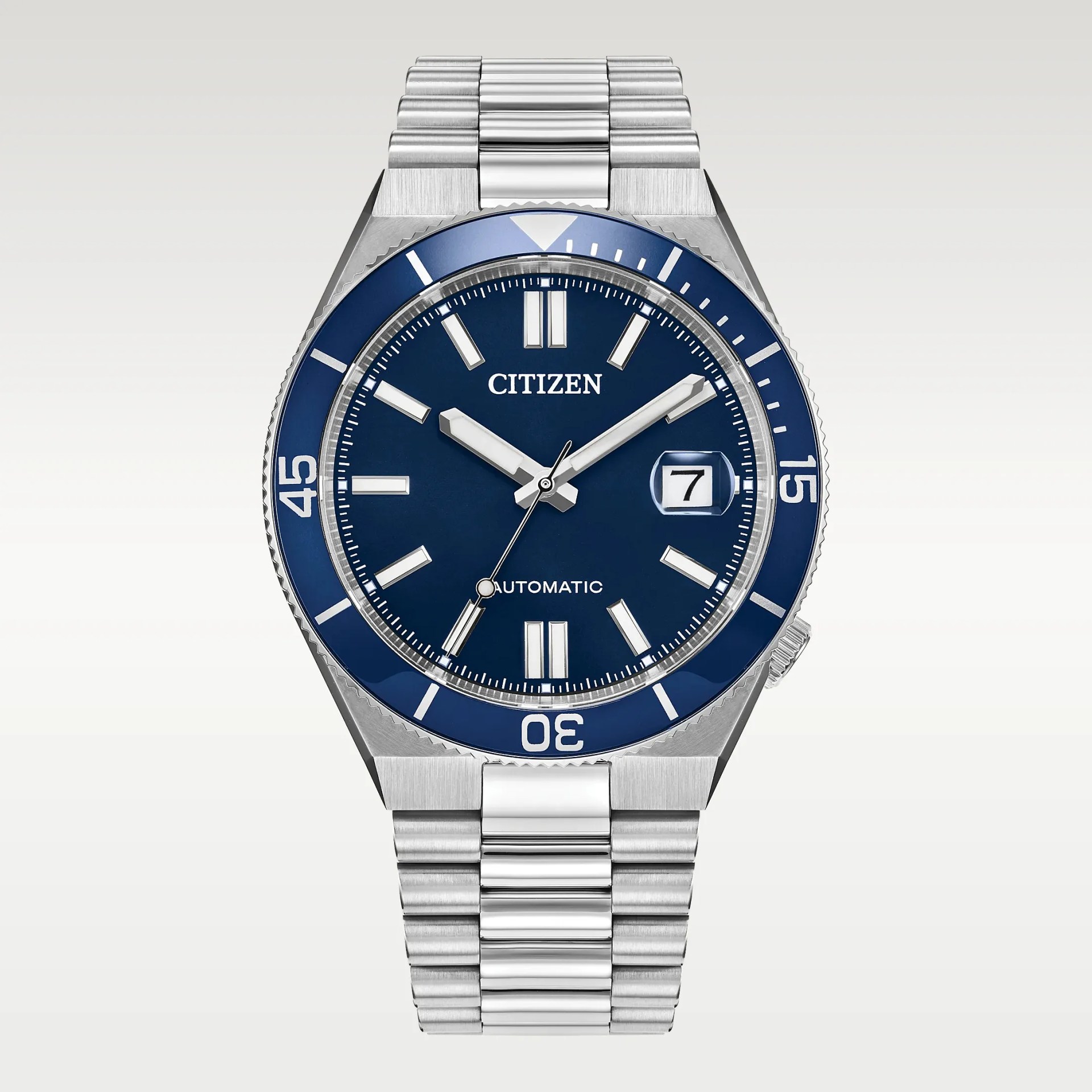 Silver stainless steel Citizen wristwatch with a blue bezel and dial, white hour markers, and date display at 3 o'clock.