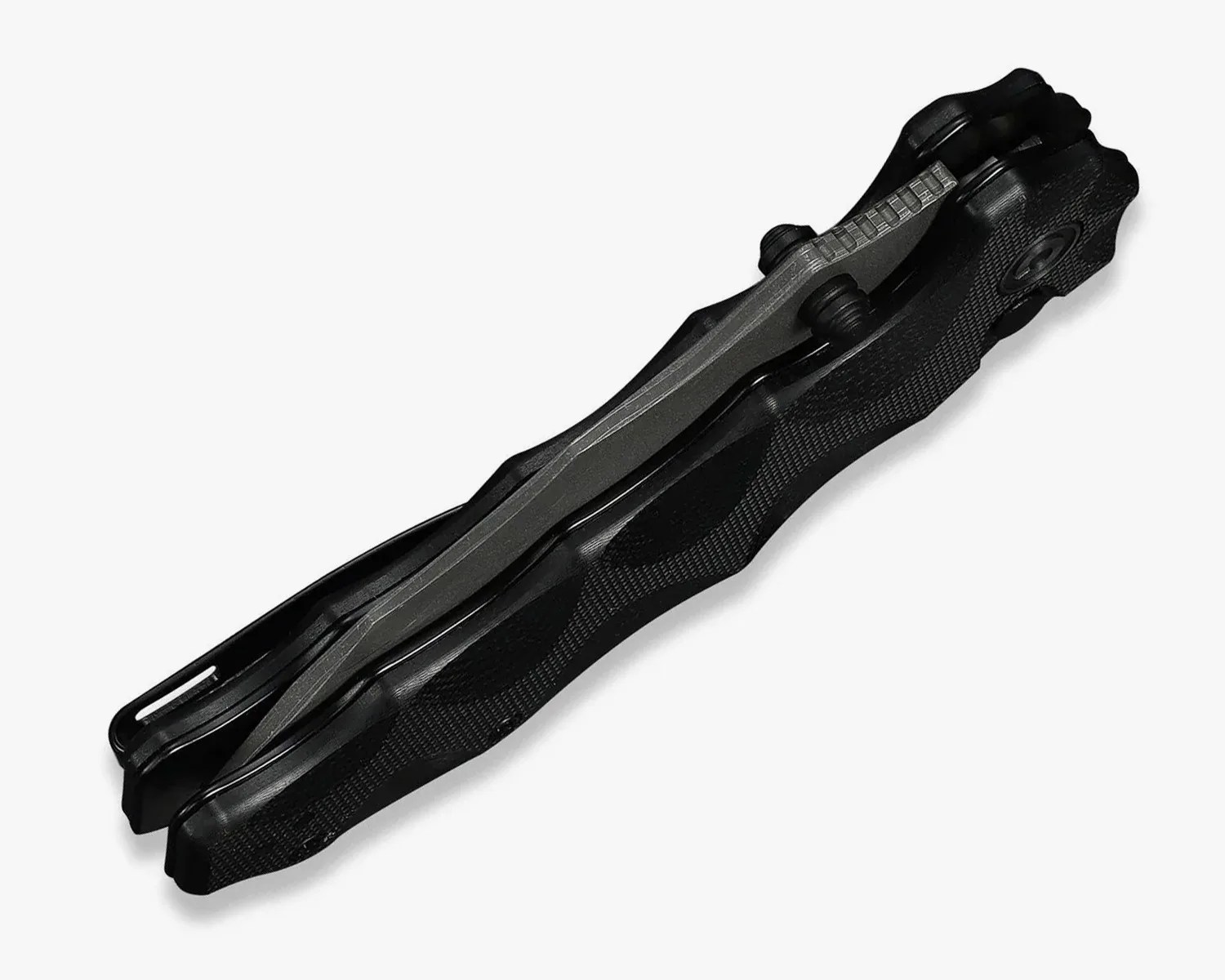 Folded black tactical folding knife with textured handle and visible blade spine.