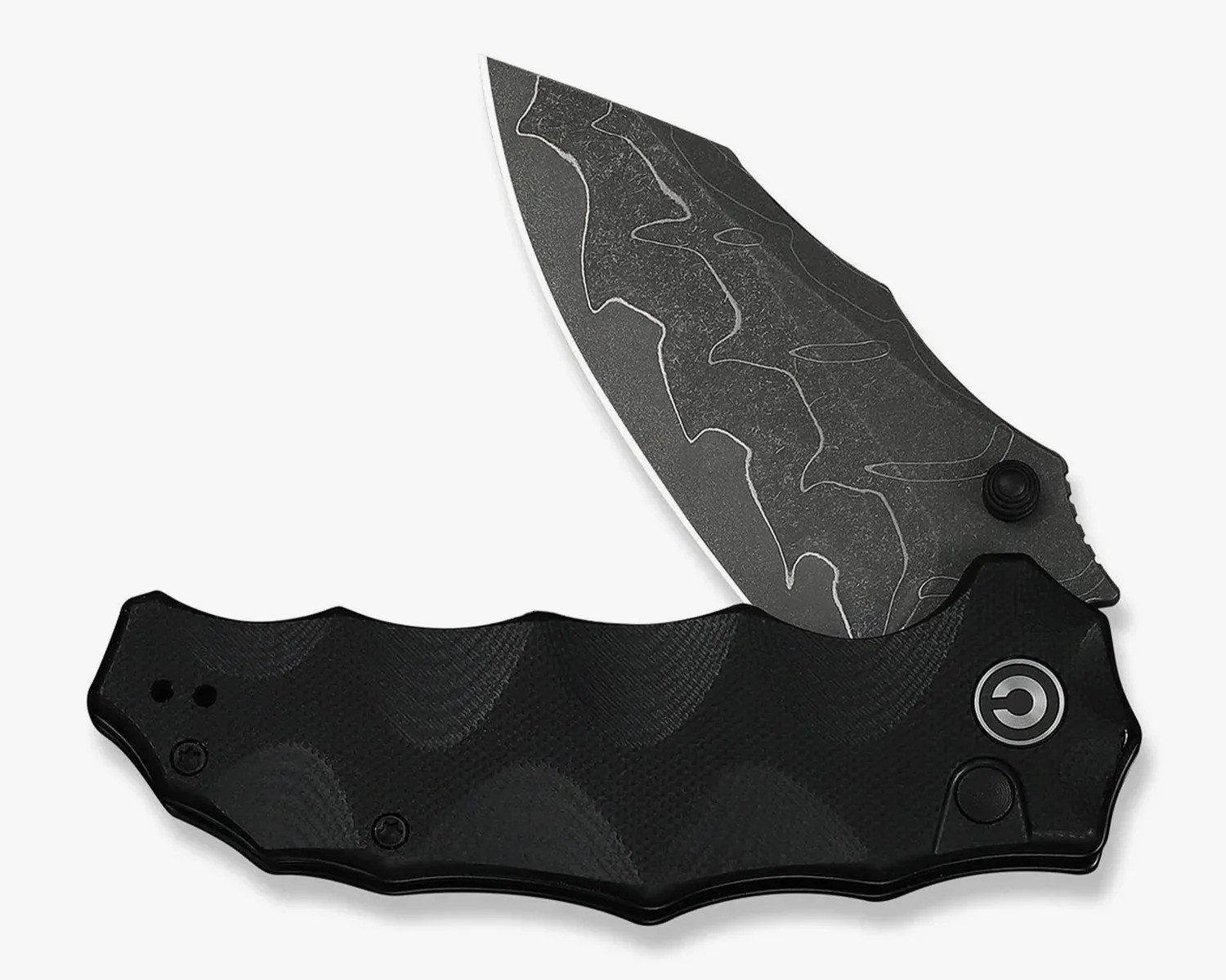 Black folding knife with textured handle and partially open patterned blade.
