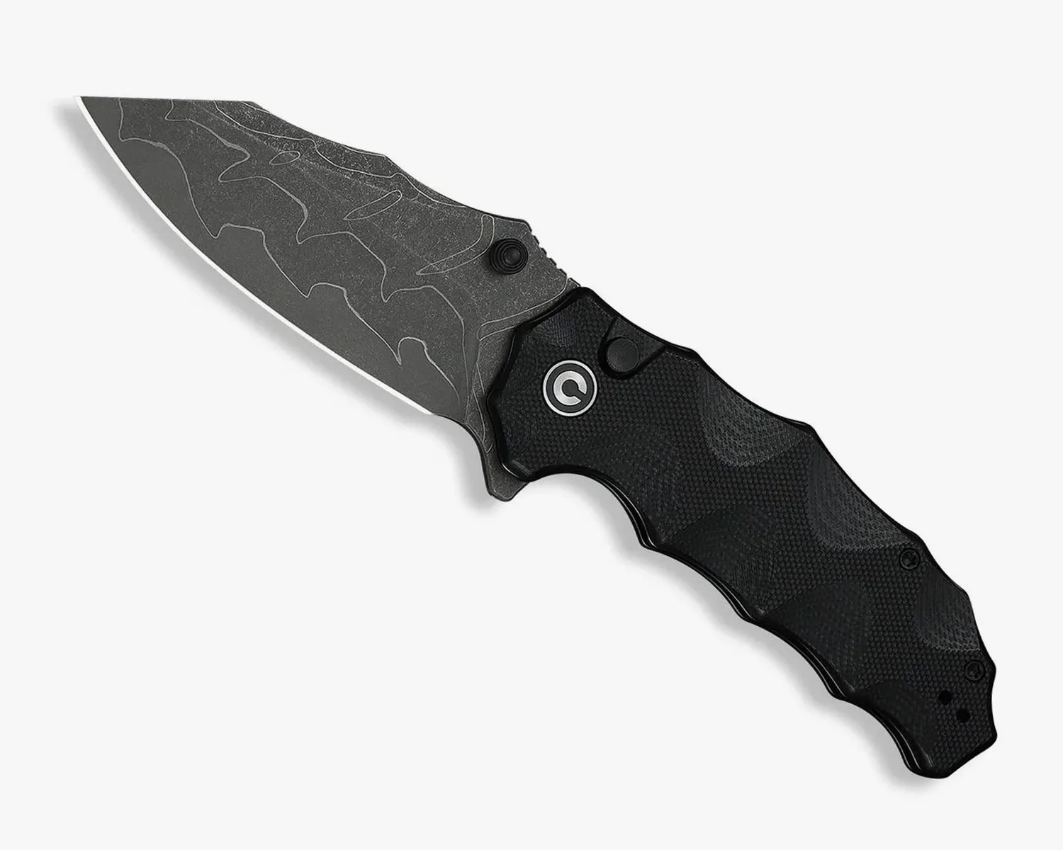 Folding knife with a textured black handle and a dark patterned blade.