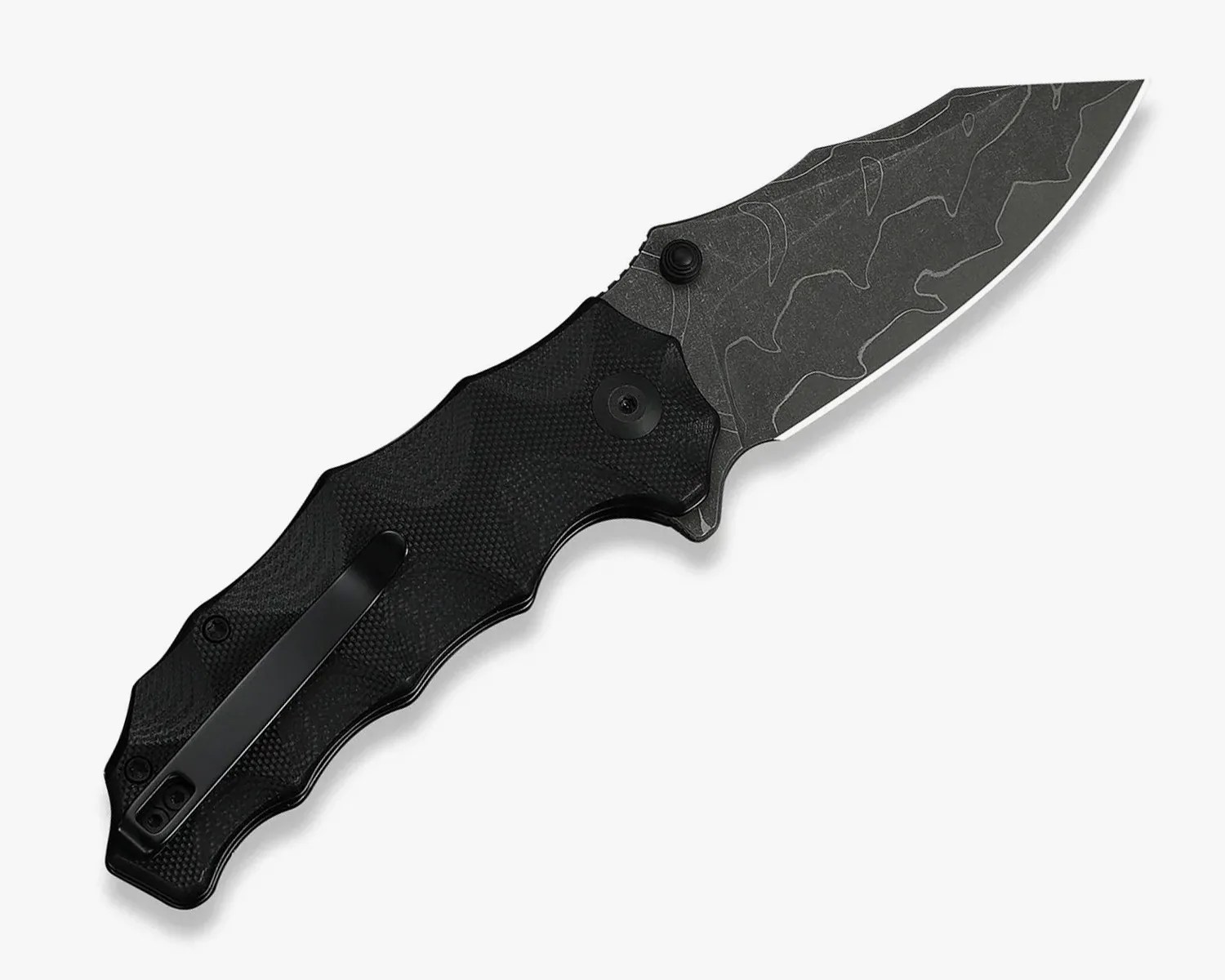 Folding knife with textured black handle and patterned dark gray blade partially serrated near the tip.
