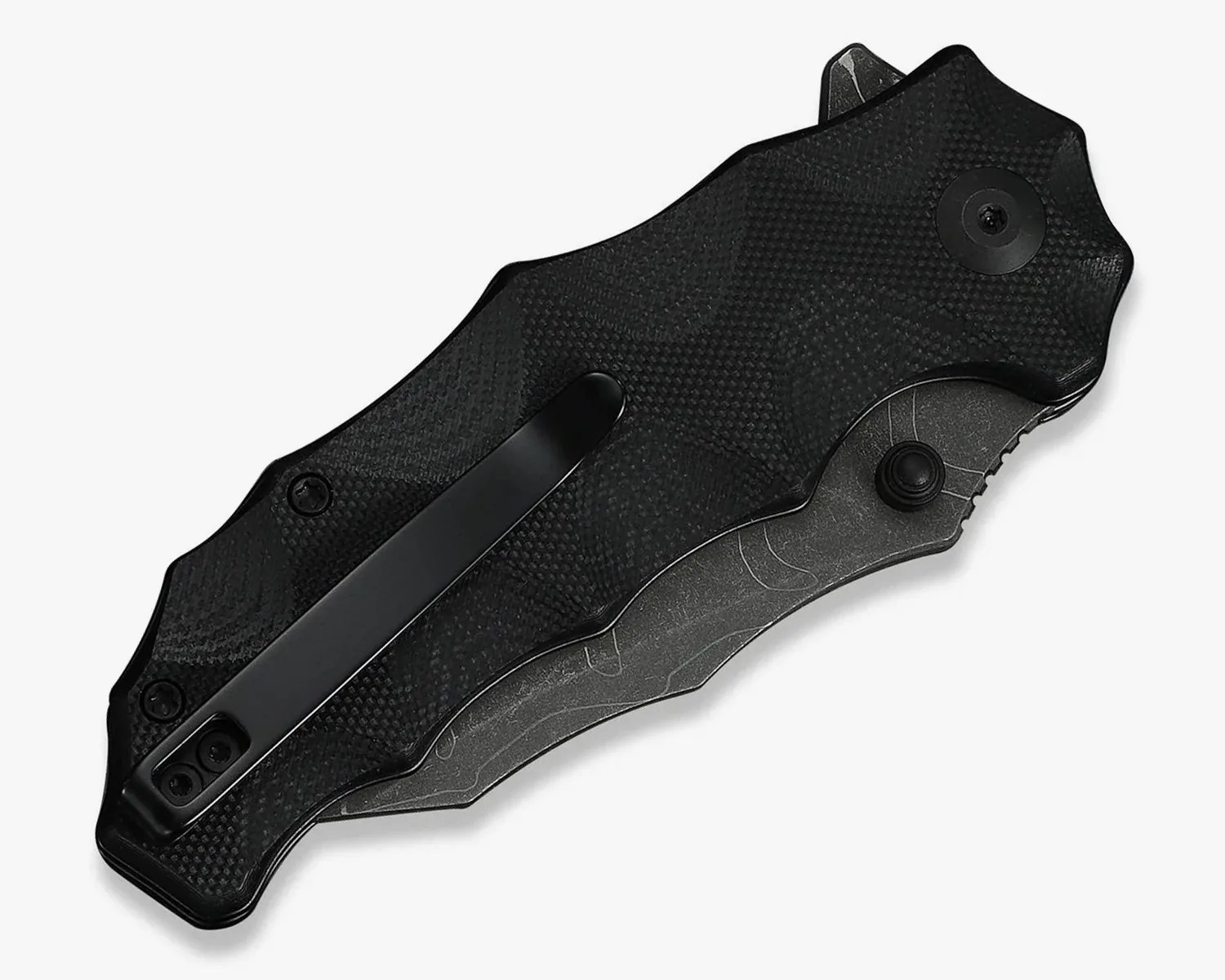 Black folding pocket knife with textured handle and partially visible stonewashed blade.
