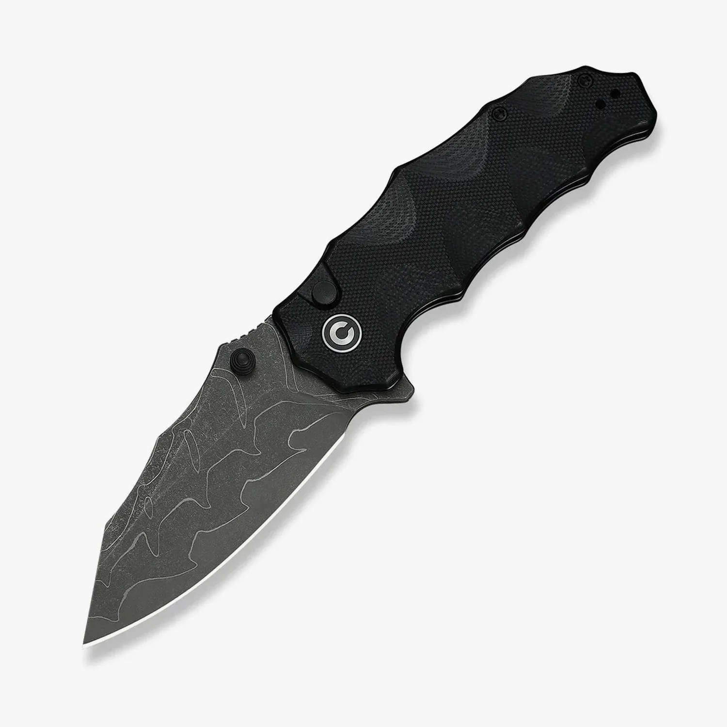 Black textured folding knife with patterned gray blade and ergonomic handle.