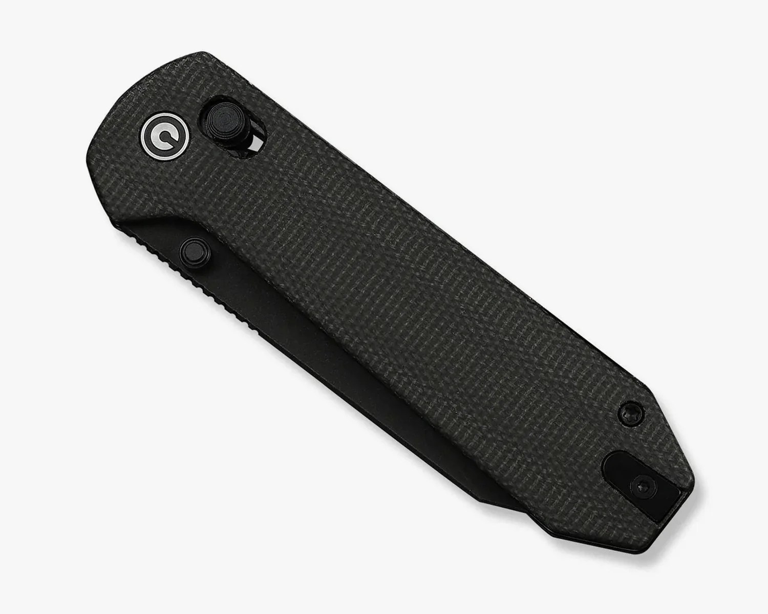 Closed black folding knife with textured handle and visible locking mechanism.