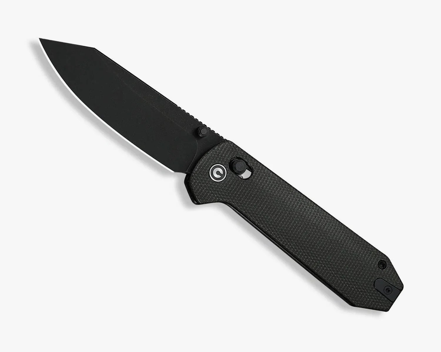 Black folding knife with a tanto-style blade and textured handle on a white background.
