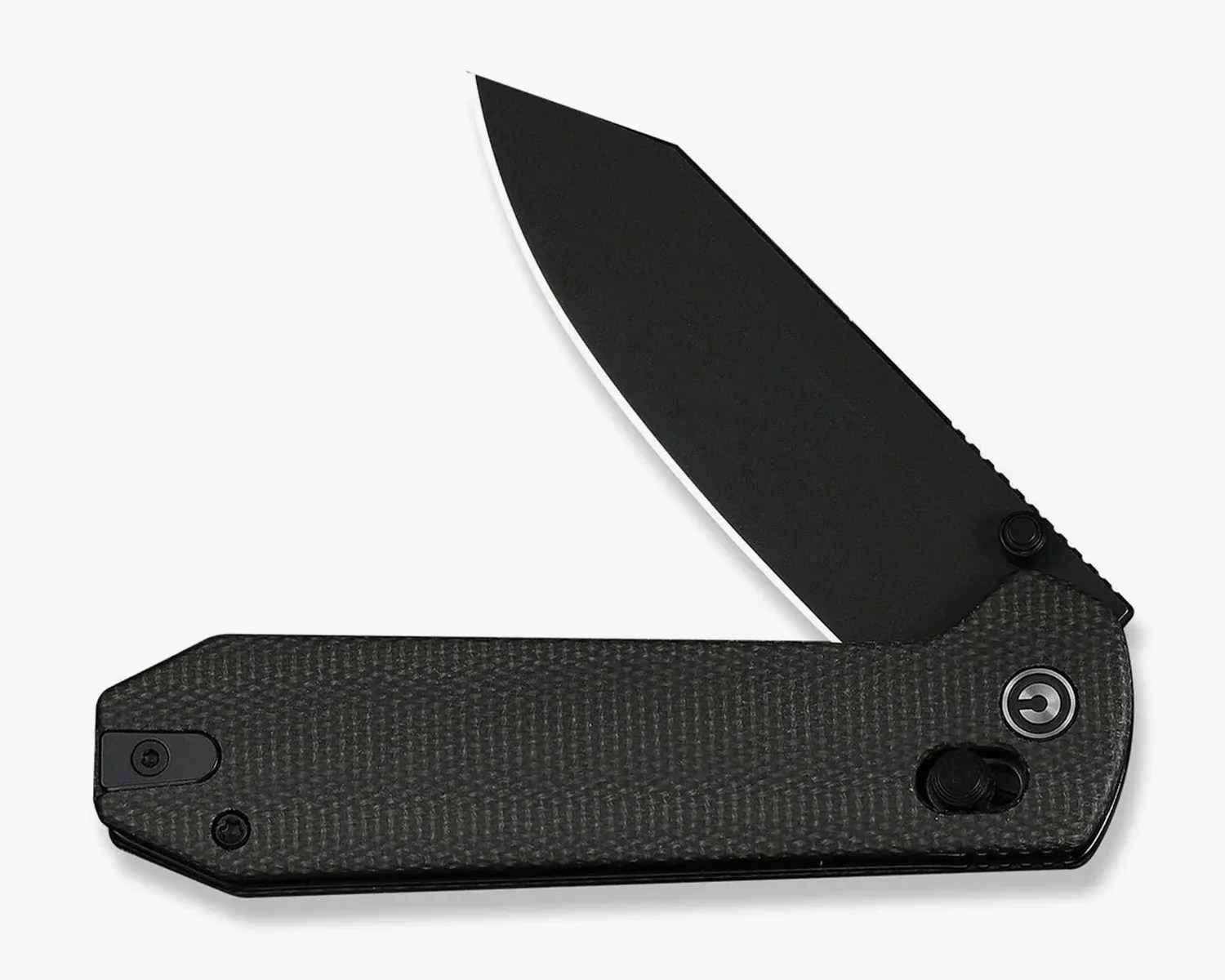 Black folding knife with textured handle and partially open blade on a white background.