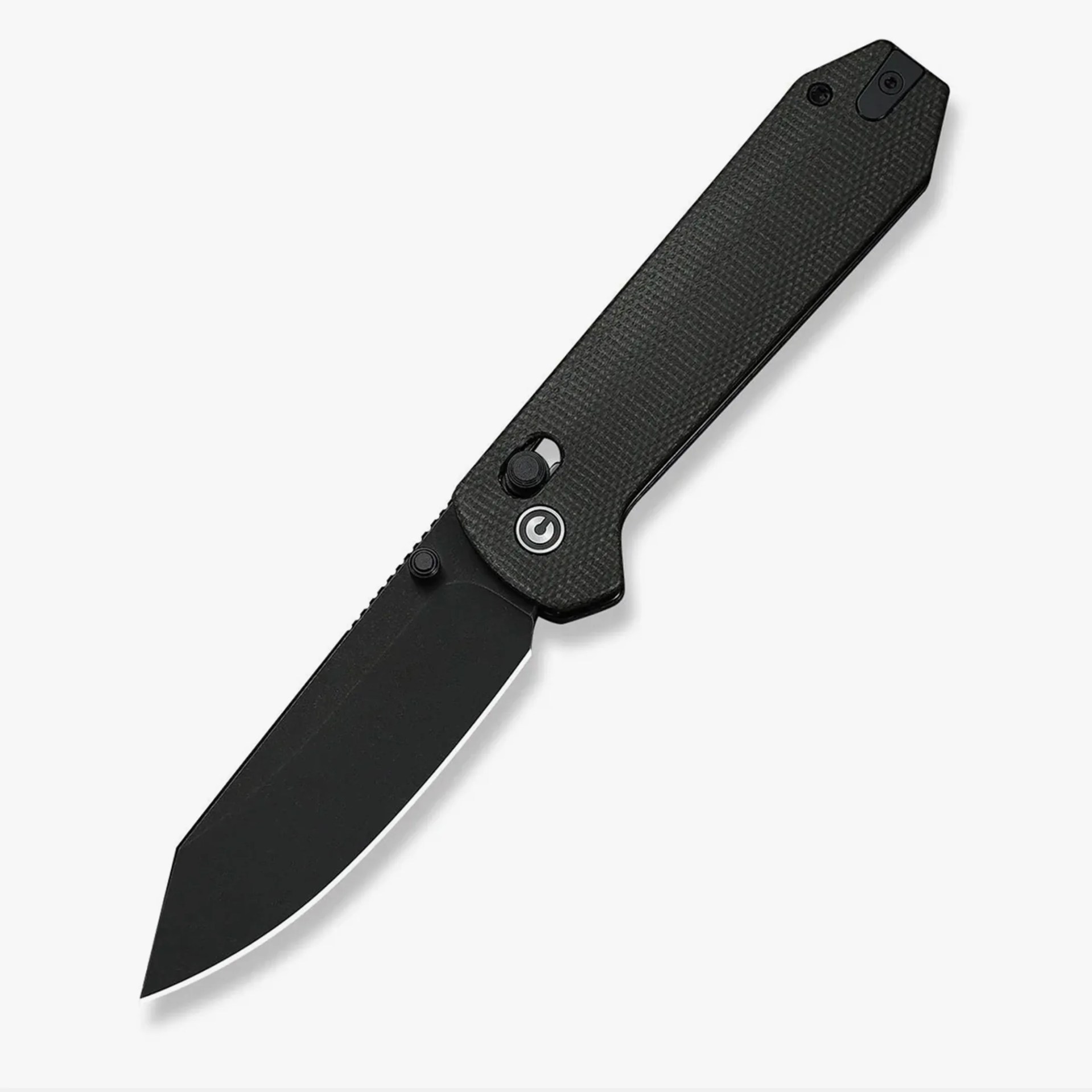 Black folding knife with textured handle and tanto-style blade on a white background.