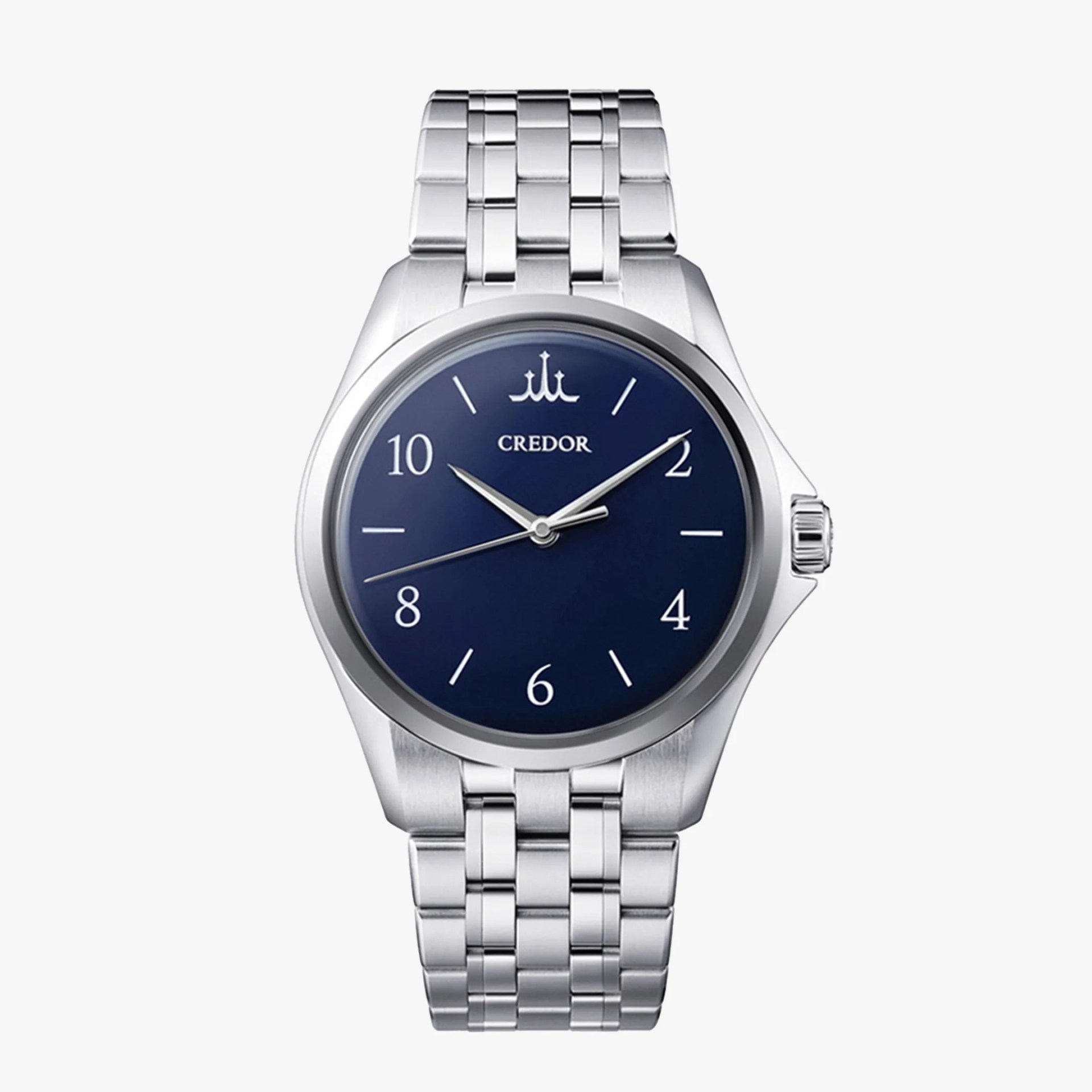 Silver metal bracelet watch with a deep blue dial and white numerals and hands.