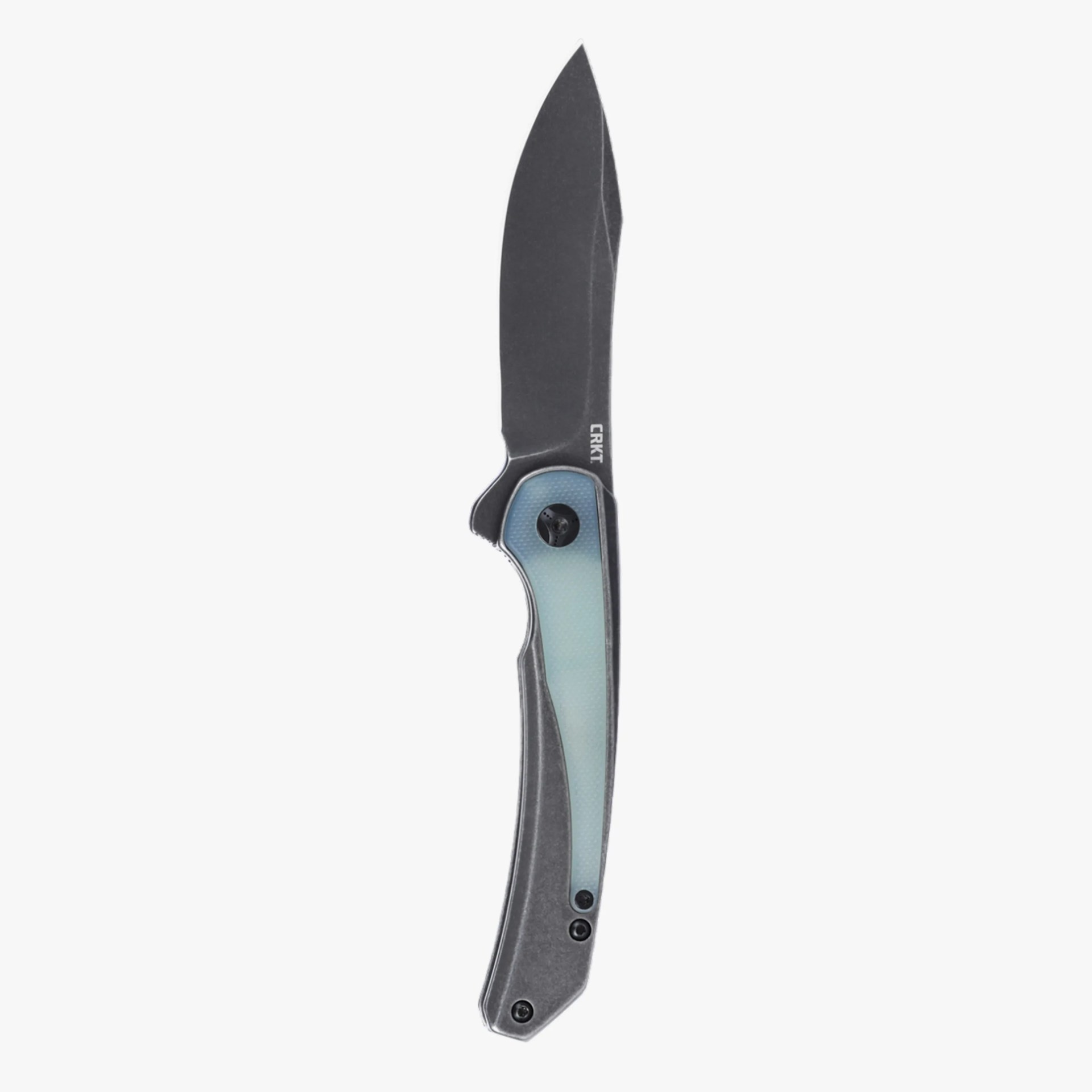 Folding knife with a black blade and a gray handle featuring a translucent blue inlay.