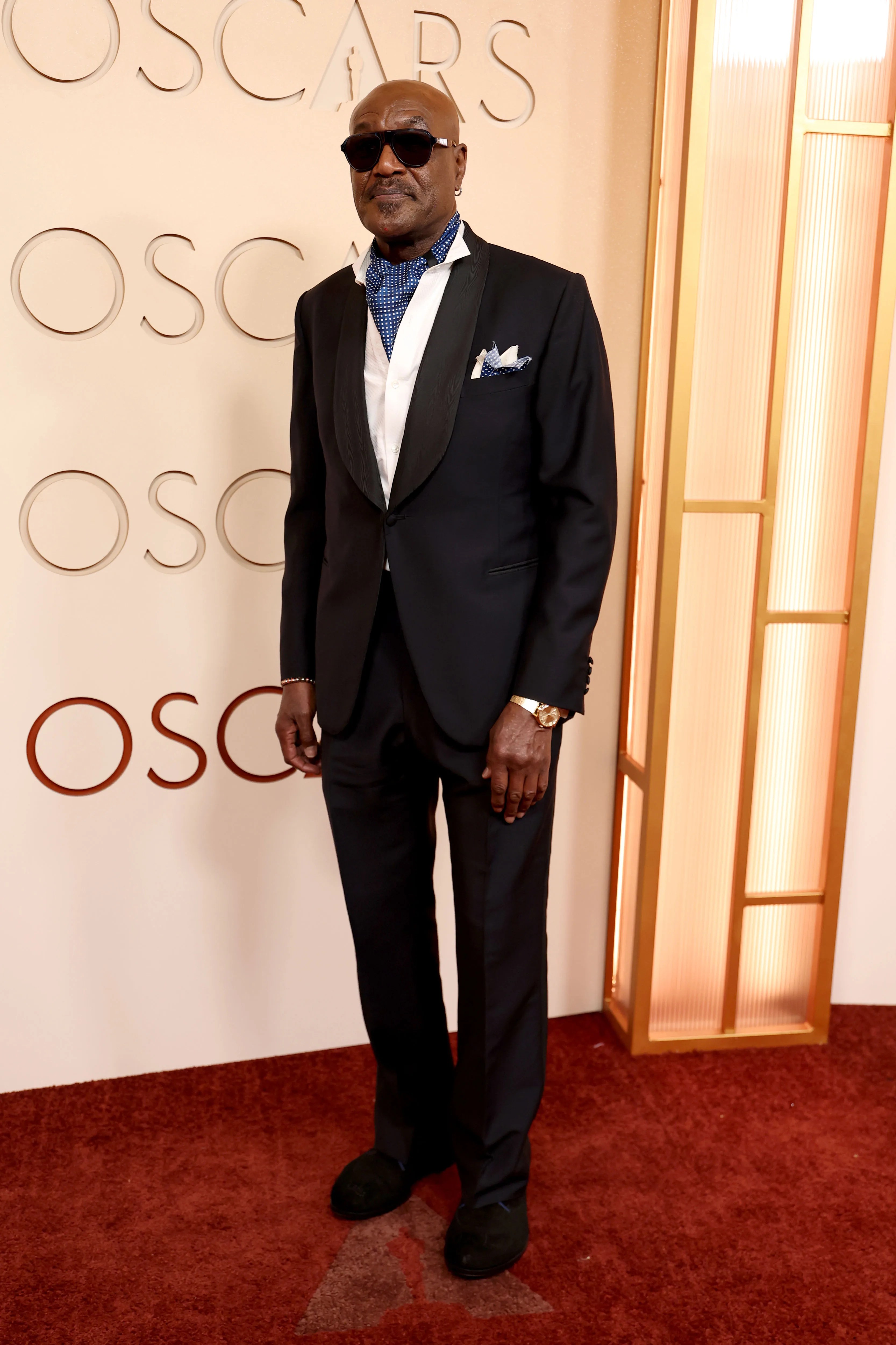 Man in black tuxedo with satin lapels, white shirt, blue polka dot scarf and pocket square, wearing sunglasses on red carpet.