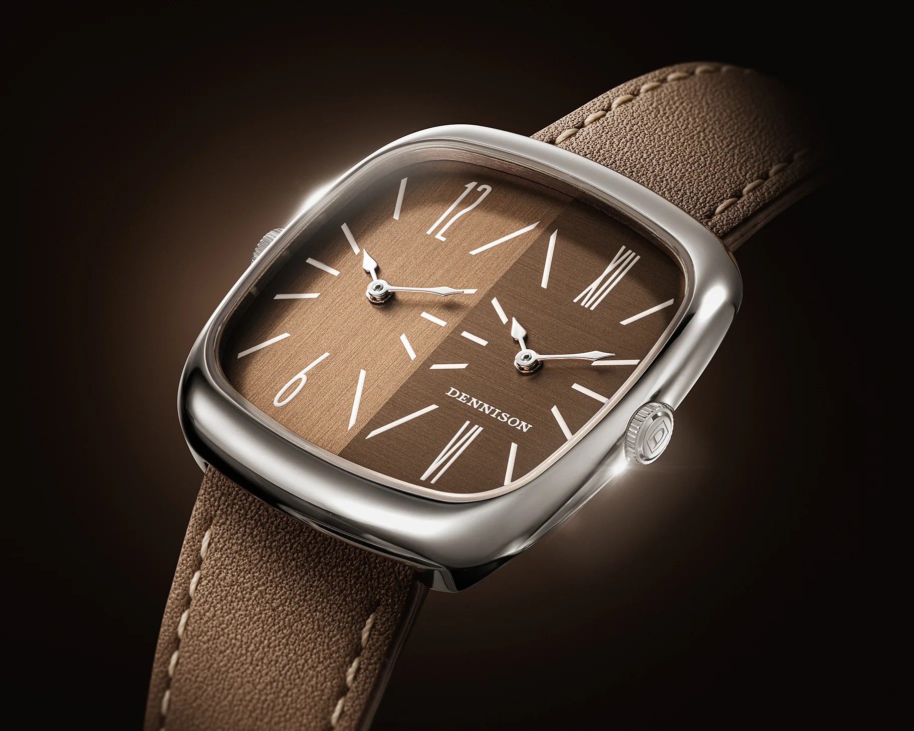 Brown dual-dial Dennison watch with silver case and textured brown leather strap.