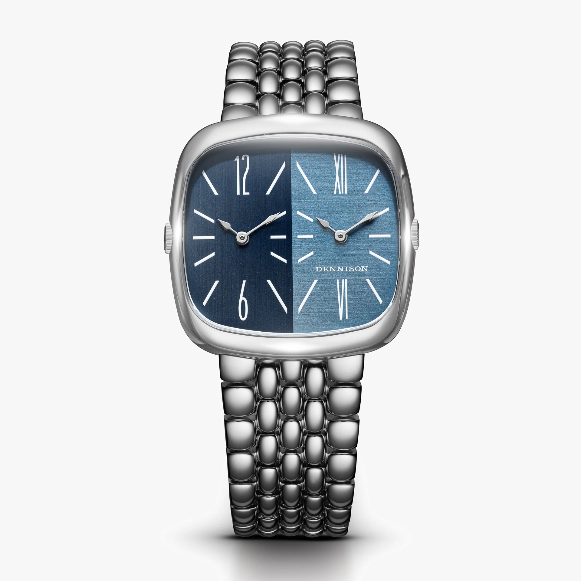 Silver metal bracelet watch with a square dual-tone blue dial, featuring two separate clock faces and the brand name Dennison.