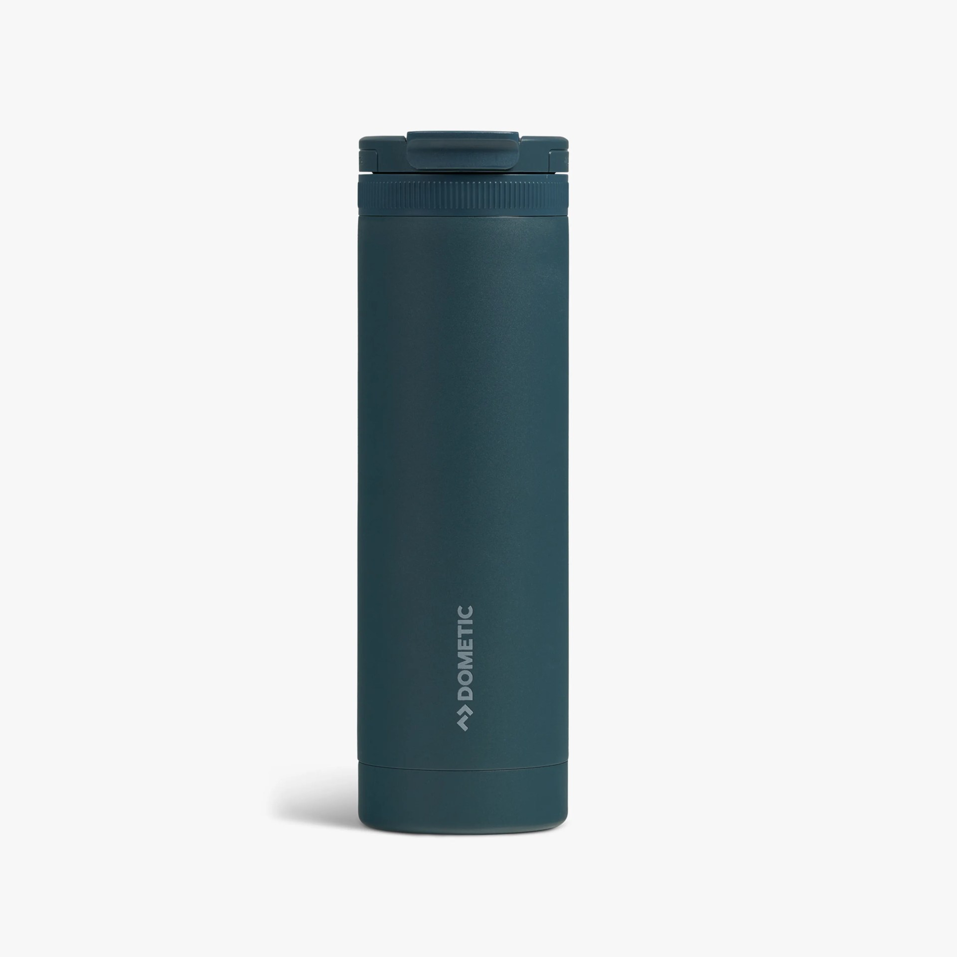 Tall dark teal insulated travel mug with flip-top lid and Dometic logo.