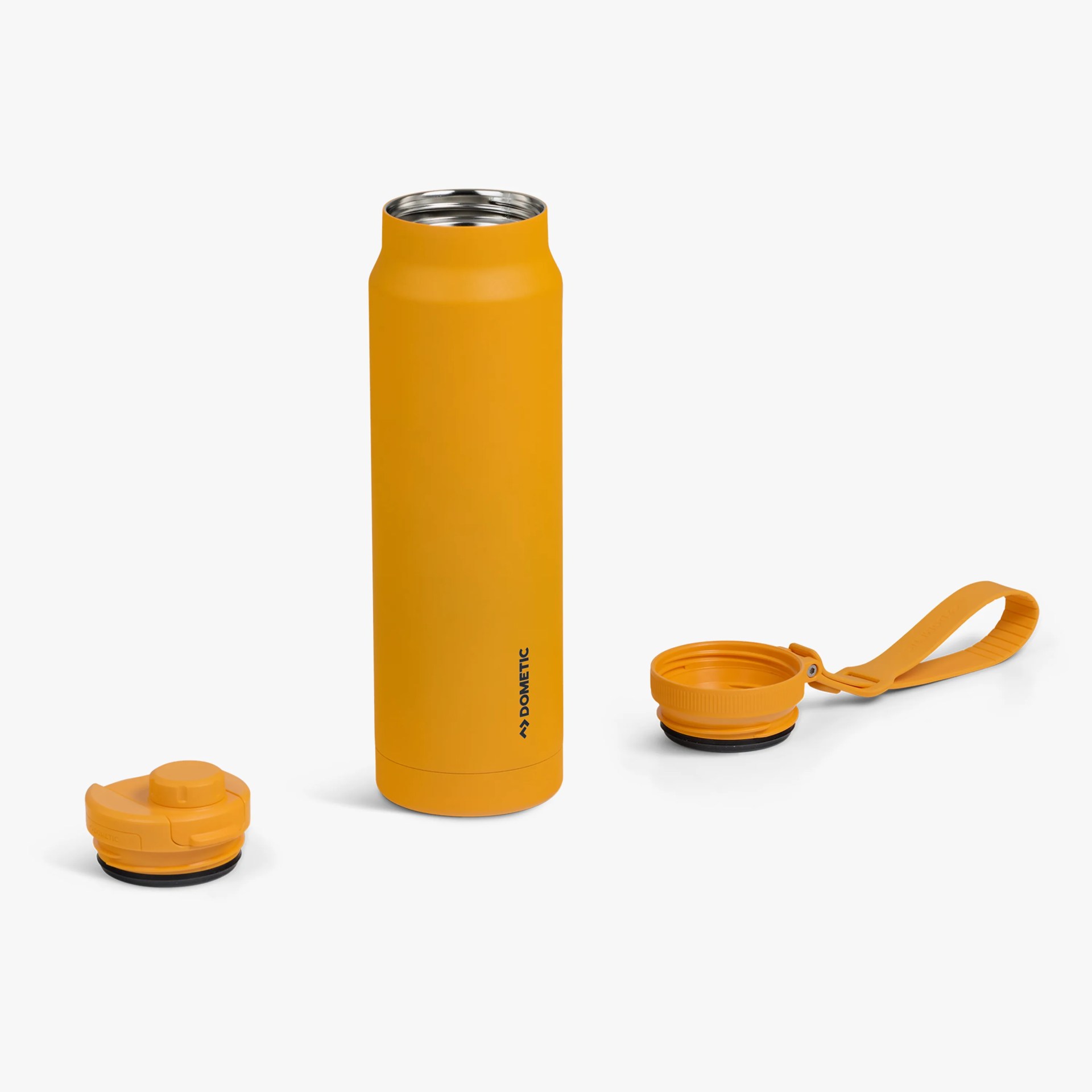 Tall matte orange insulated bottle with two detachable lids on a white background.