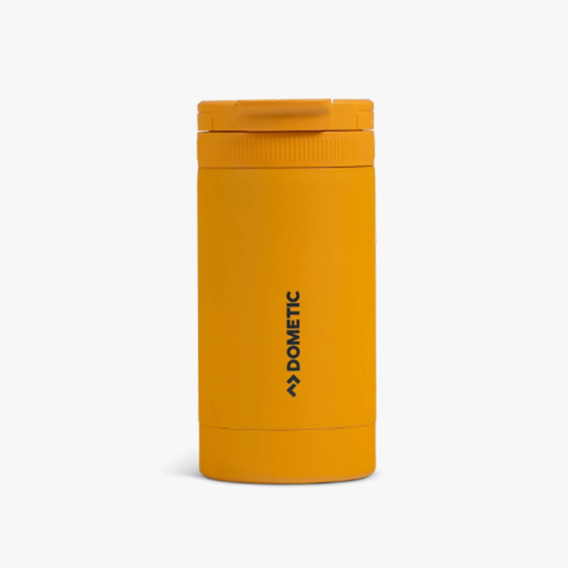 Yellow Dometic insulated travel mug with flip-top lid on a white background.