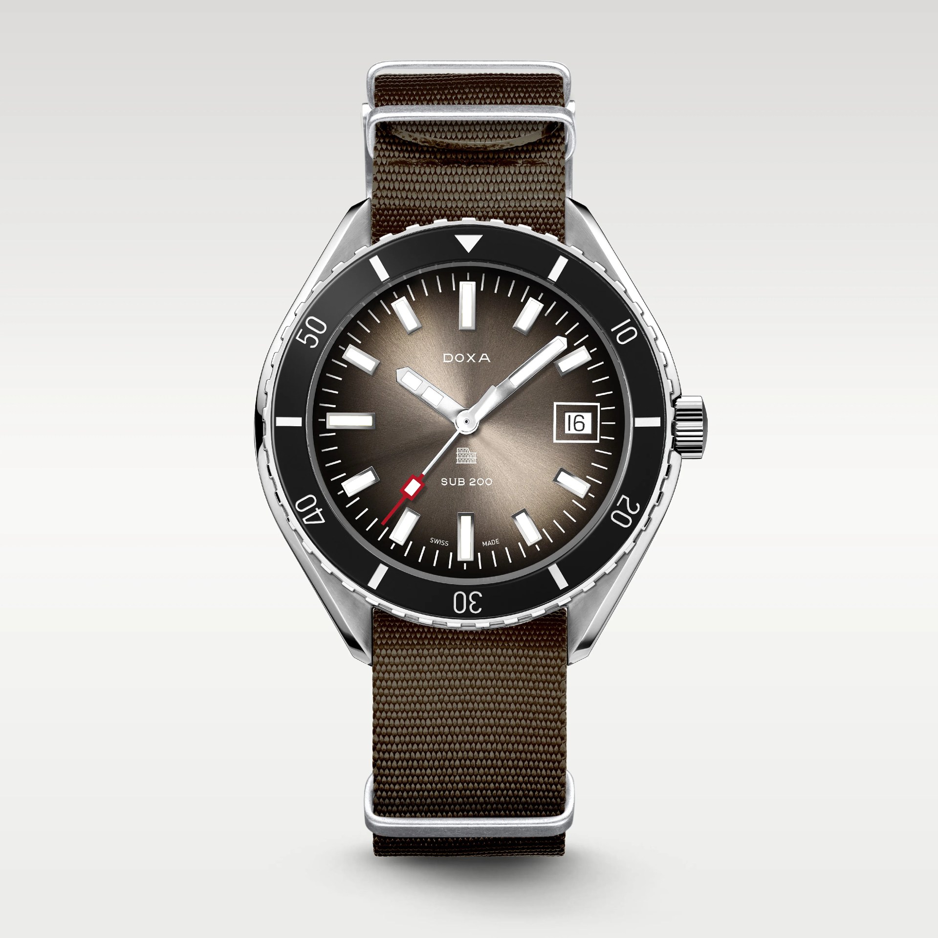 Doxa Sub 200 wristwatch with brown gradient dial, black bezel, white markers, date window, and brown fabric strap.