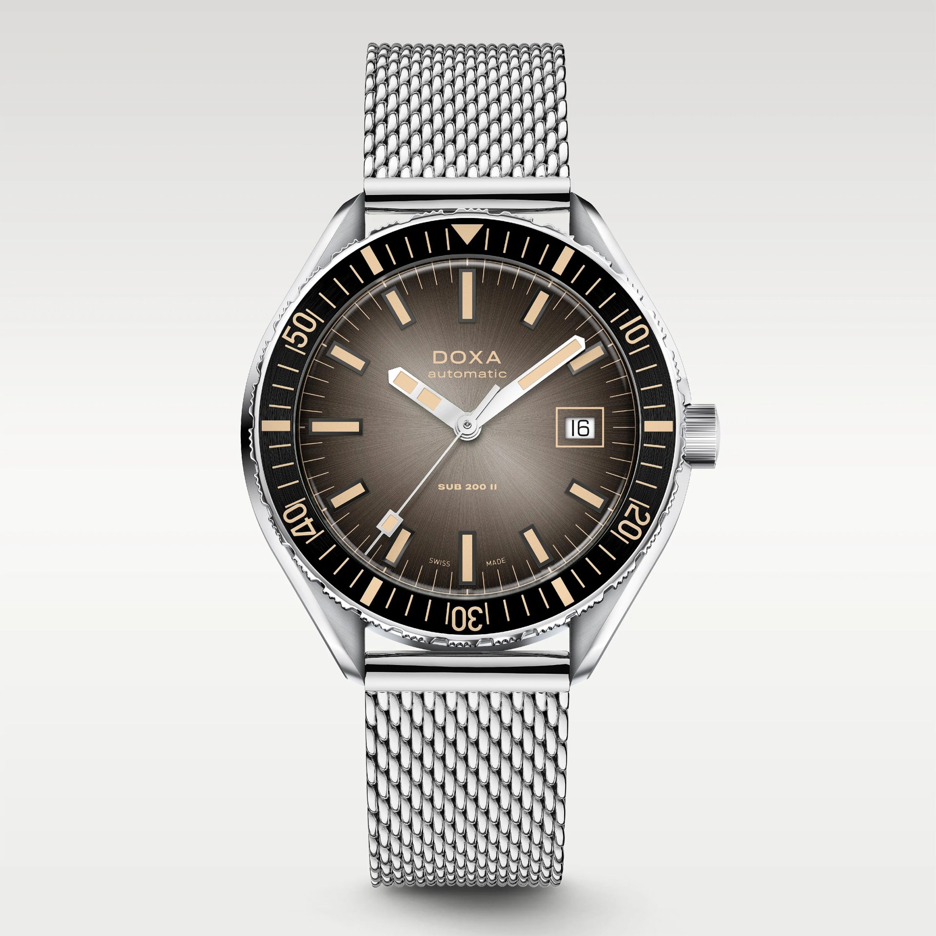 Silver mesh bracelet watch with black and brown gradient dial, beige markers, and date window at 3 o'clock.