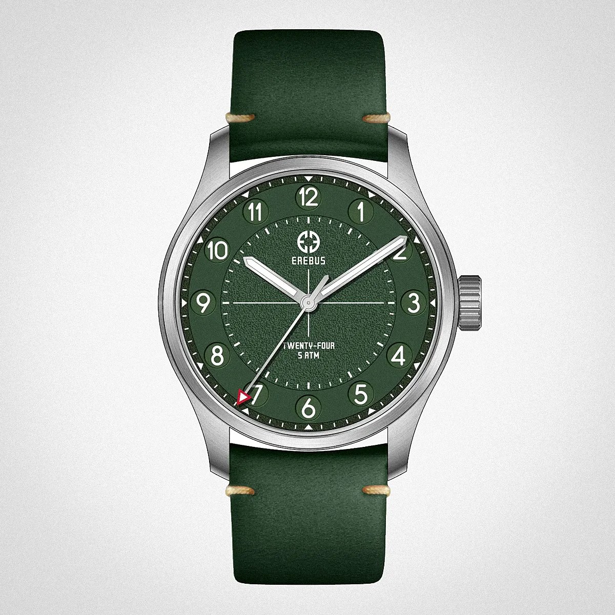 Green dial wristwatch with silver case, white numerals, and green leather strap.