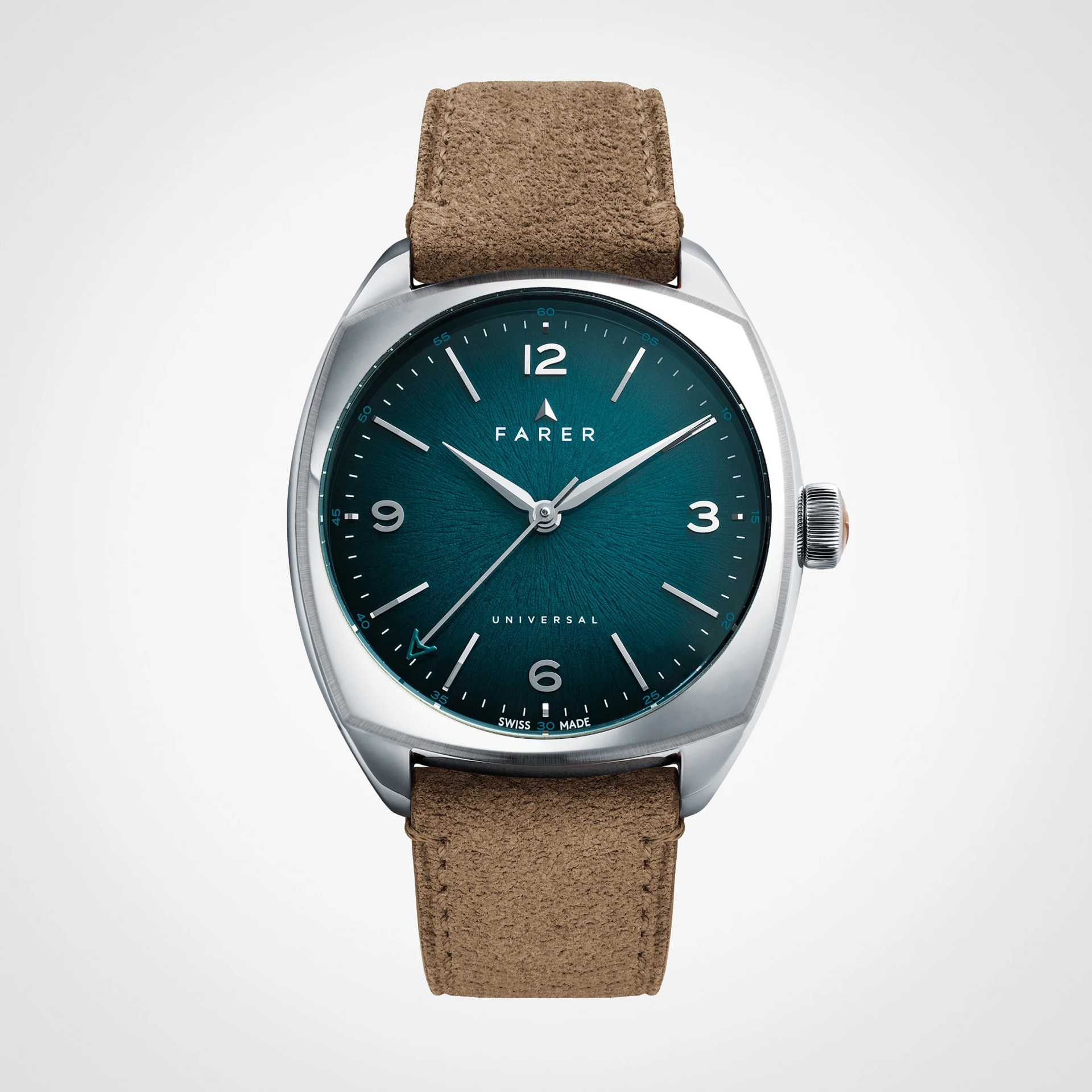 Silver Farer wristwatch with a textured teal dial and brown suede strap.