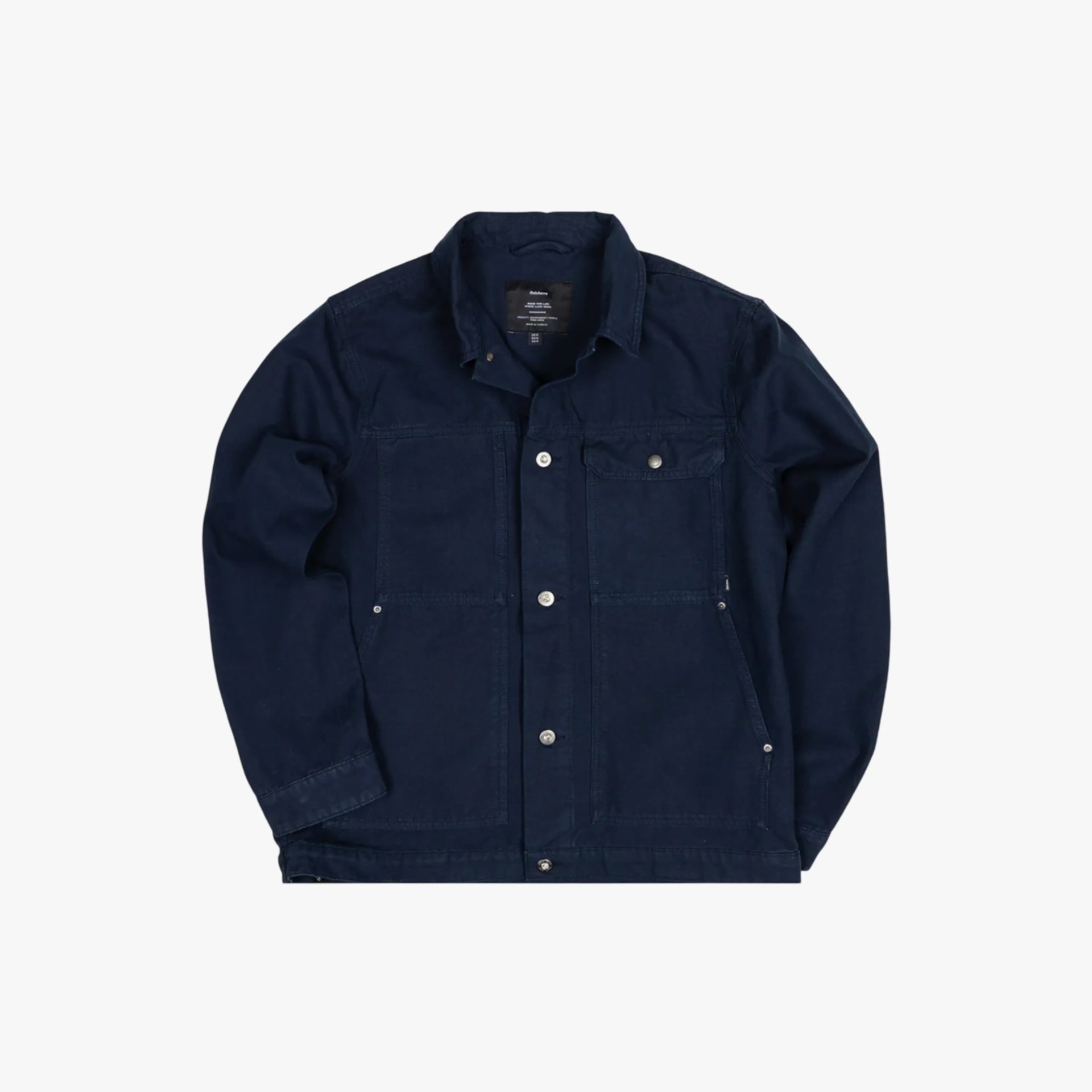 Navy blue button-up jacket with chest pocket and side pockets laid flat on white background.