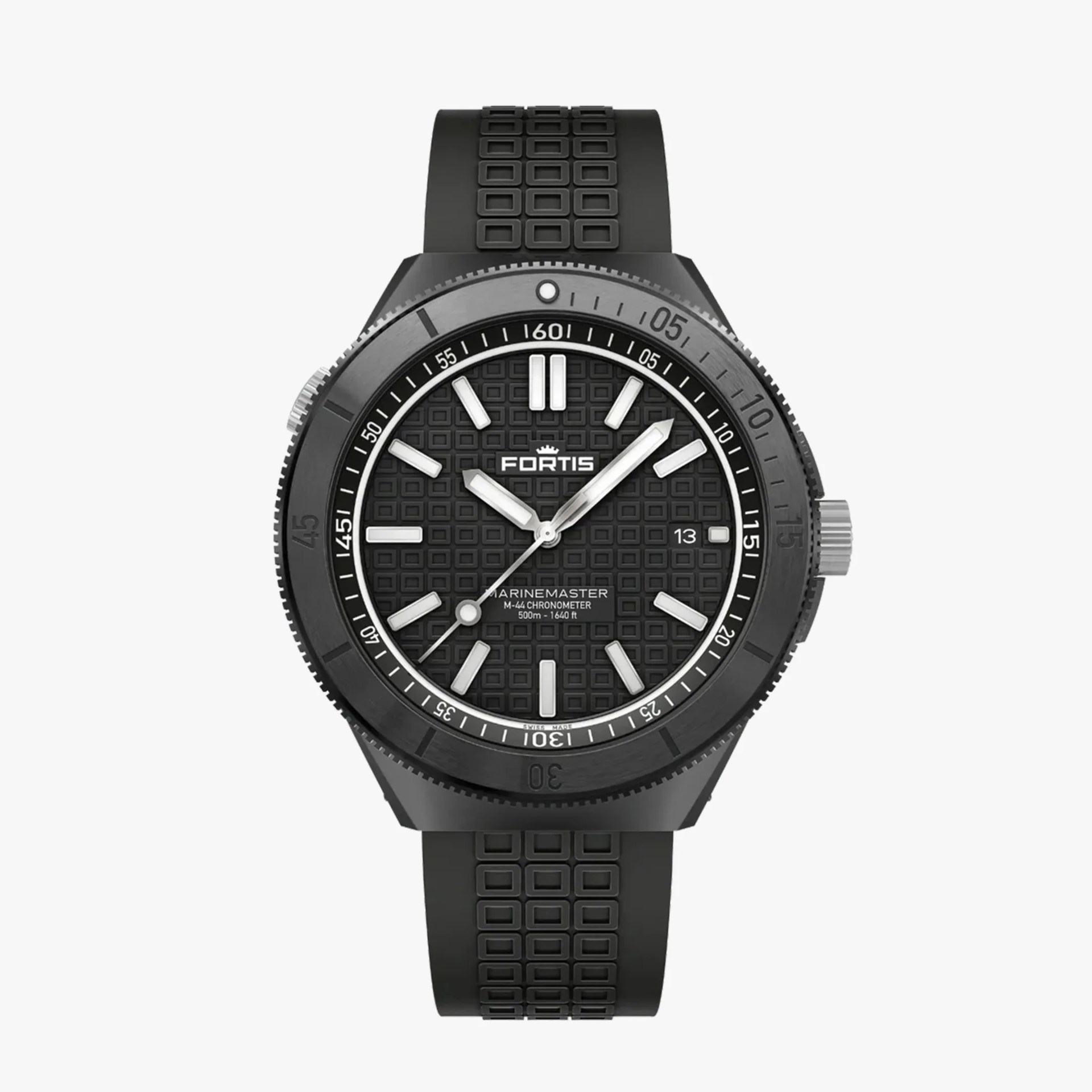 Black Fortis Marinemaster M-44 chronometer watch with textured dial and rubber strap.