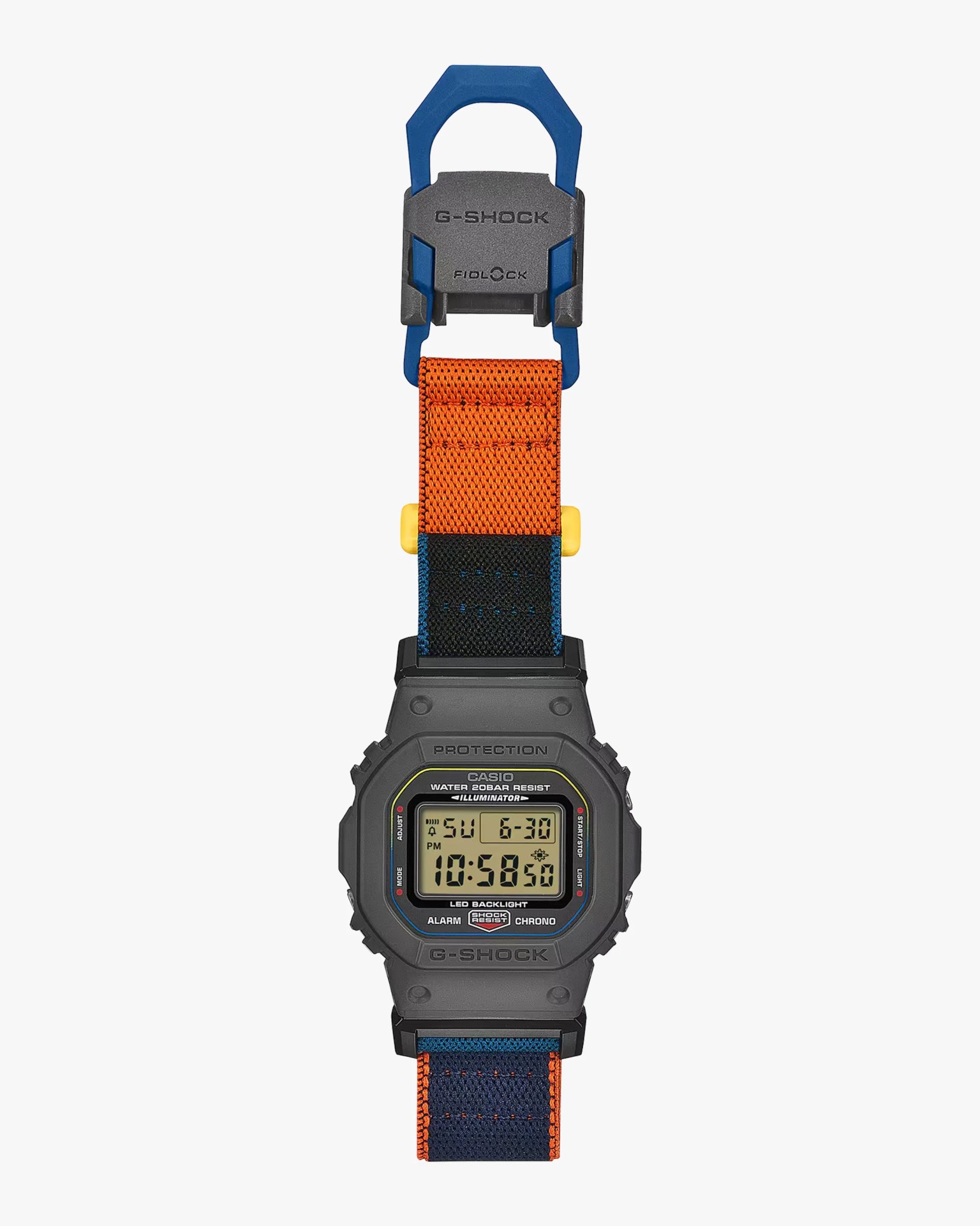 Digital Casio G-Shock watch with a black square face and a multicolored fabric strap in orange, black, blue, and yellow.
