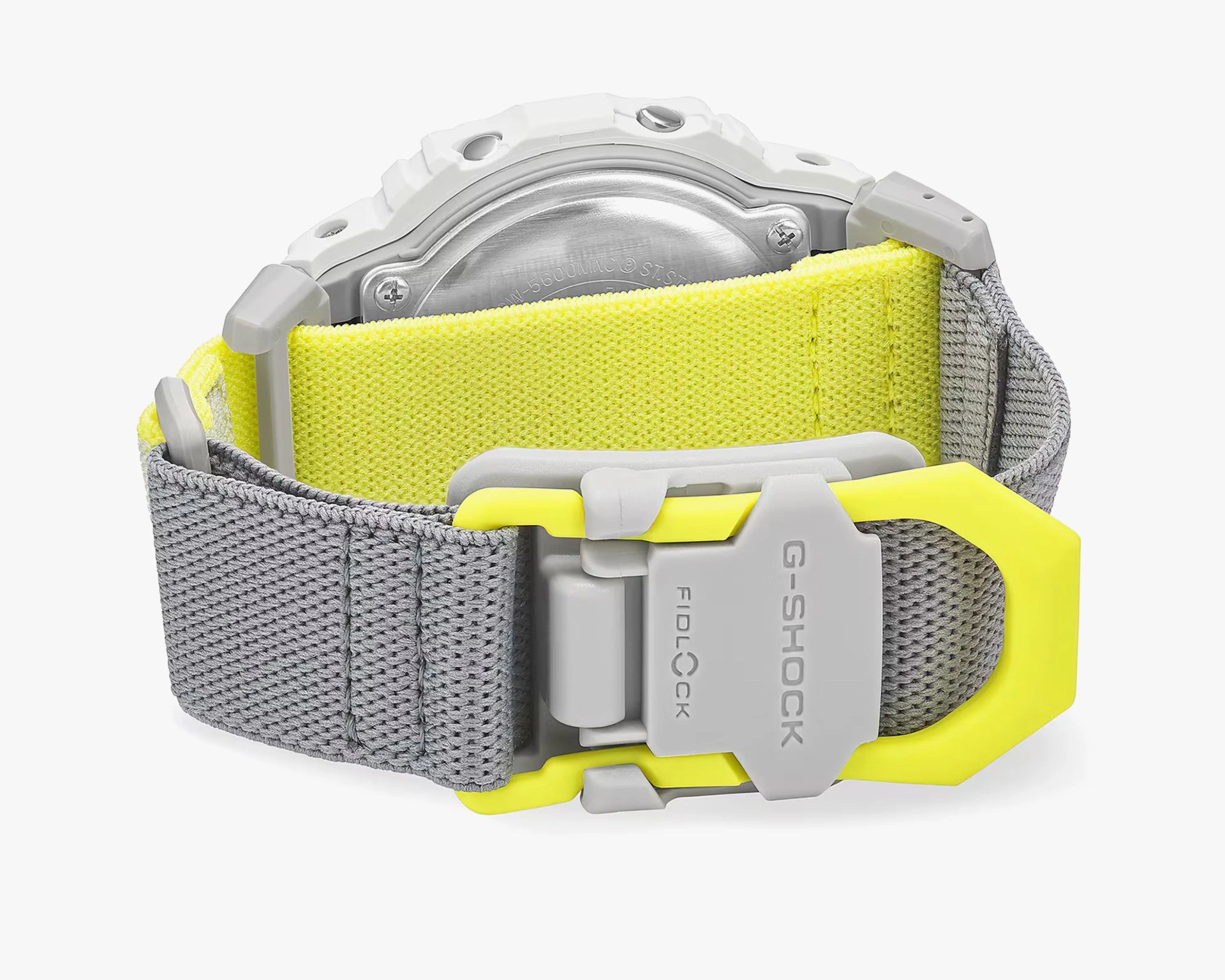 Gray and yellow fabric G-Shock watch strap with Fidlock buckle and stainless steel case back.