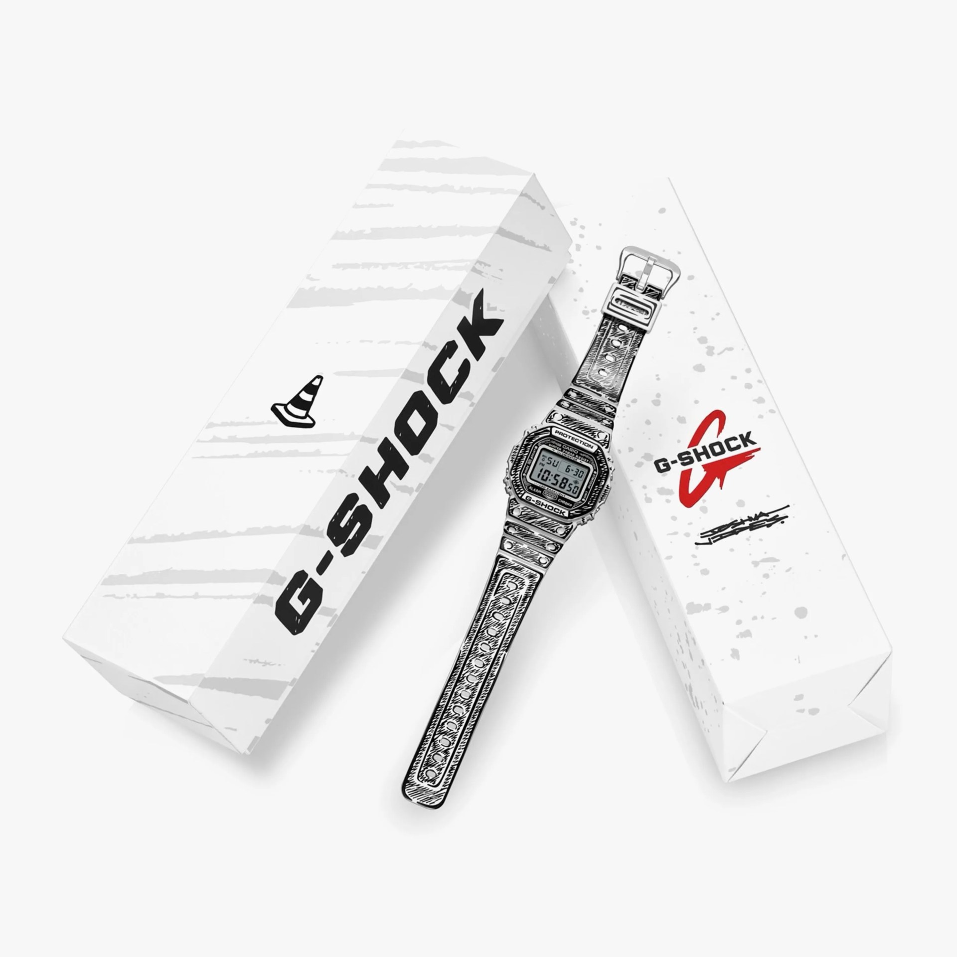 Black and white illustrated G-Shock digital watch with patterned strap next to white G-Shock branded boxes.