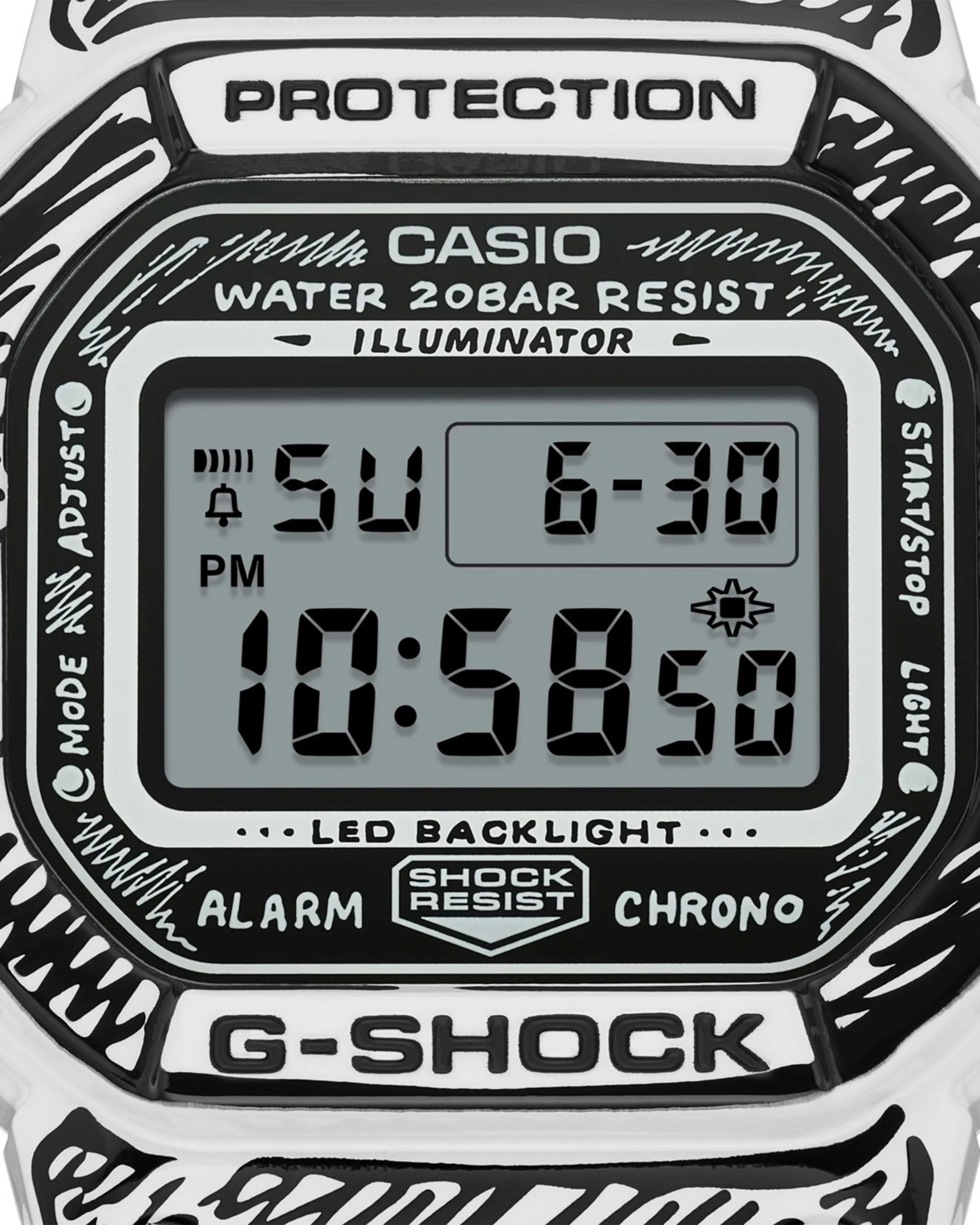 Digital Casio G-Shock watch face with black and white comic-style design and time displayed as 10:58:50.