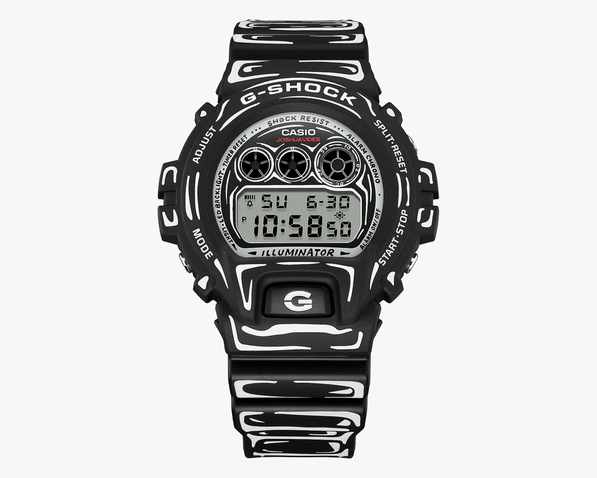 Black Casio G-Shock digital watch with white abstract patterns and a rectangular digital display.