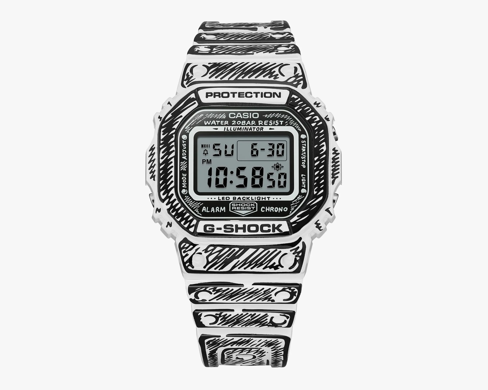 White Casio G-Shock digital watch with black sketch-style markings on the band and bezel.