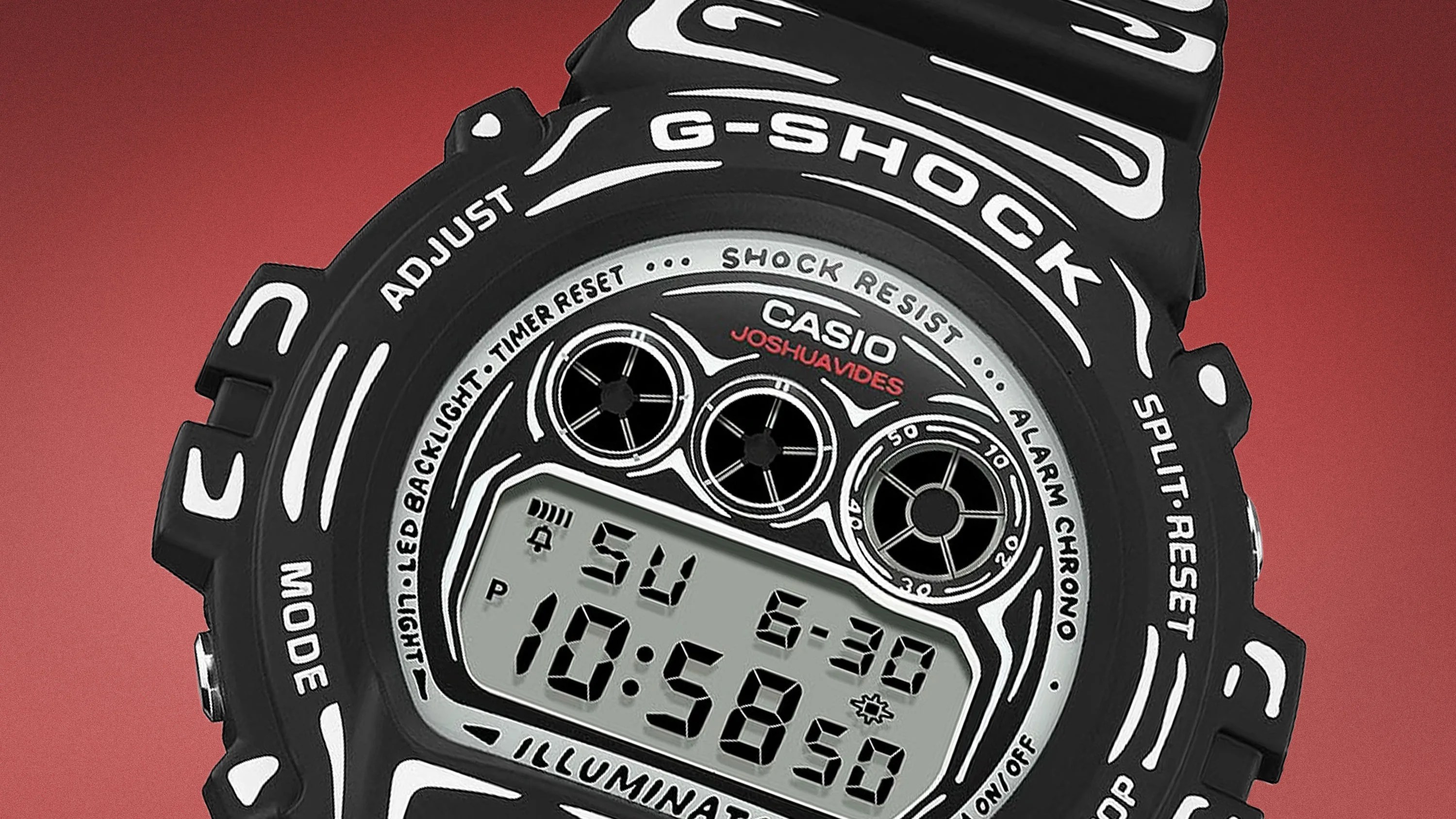 Black Casio G-Shock digital watch with white graphic accents and a red background.
