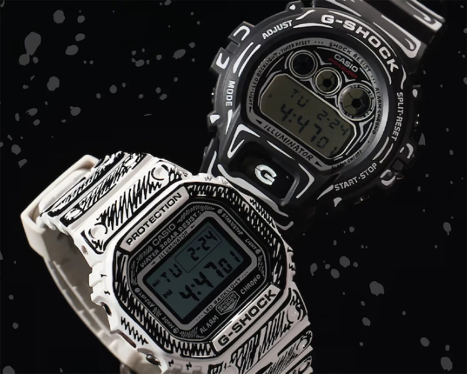 Two Casio G-Shock digital watches, one black with white accents and one white with black sketch-like patterns, displayed against a black background.