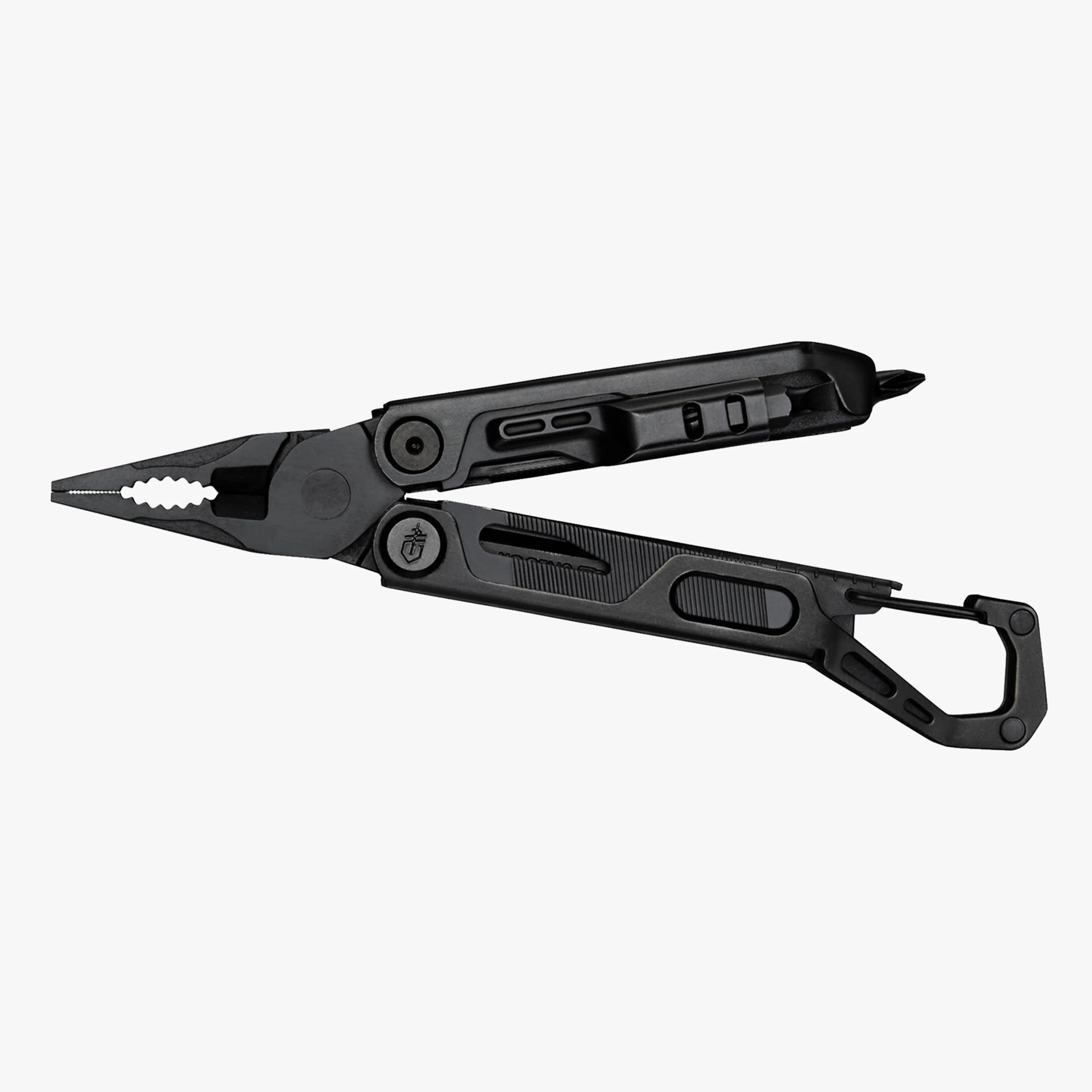 Black multi-tool pliers with a built-in screwdriver bit and carabiner clip.