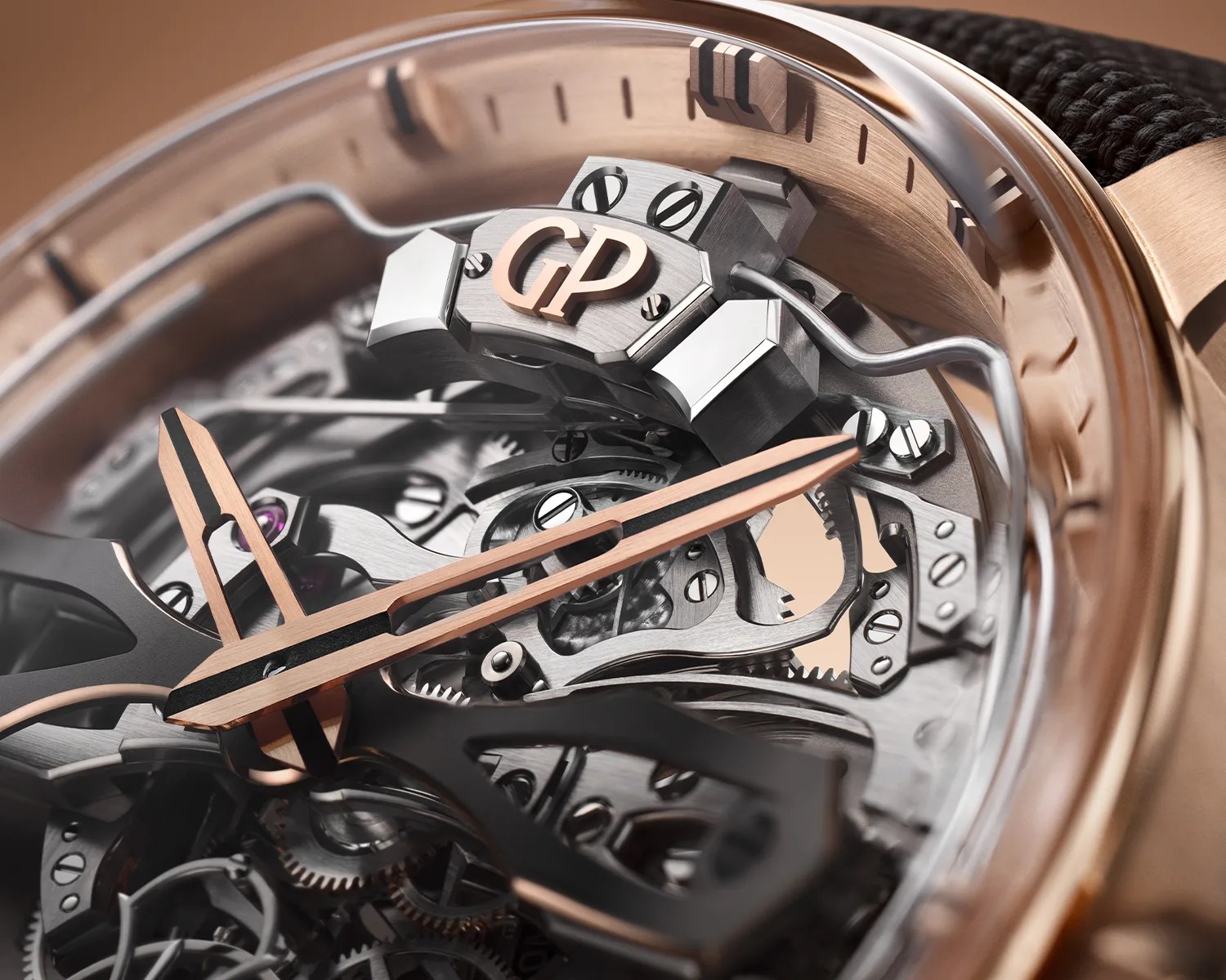 Close-up of a luxury skeleton watch face showing intricate gears, rose gold hands, and the "GP" logo on a metal component.