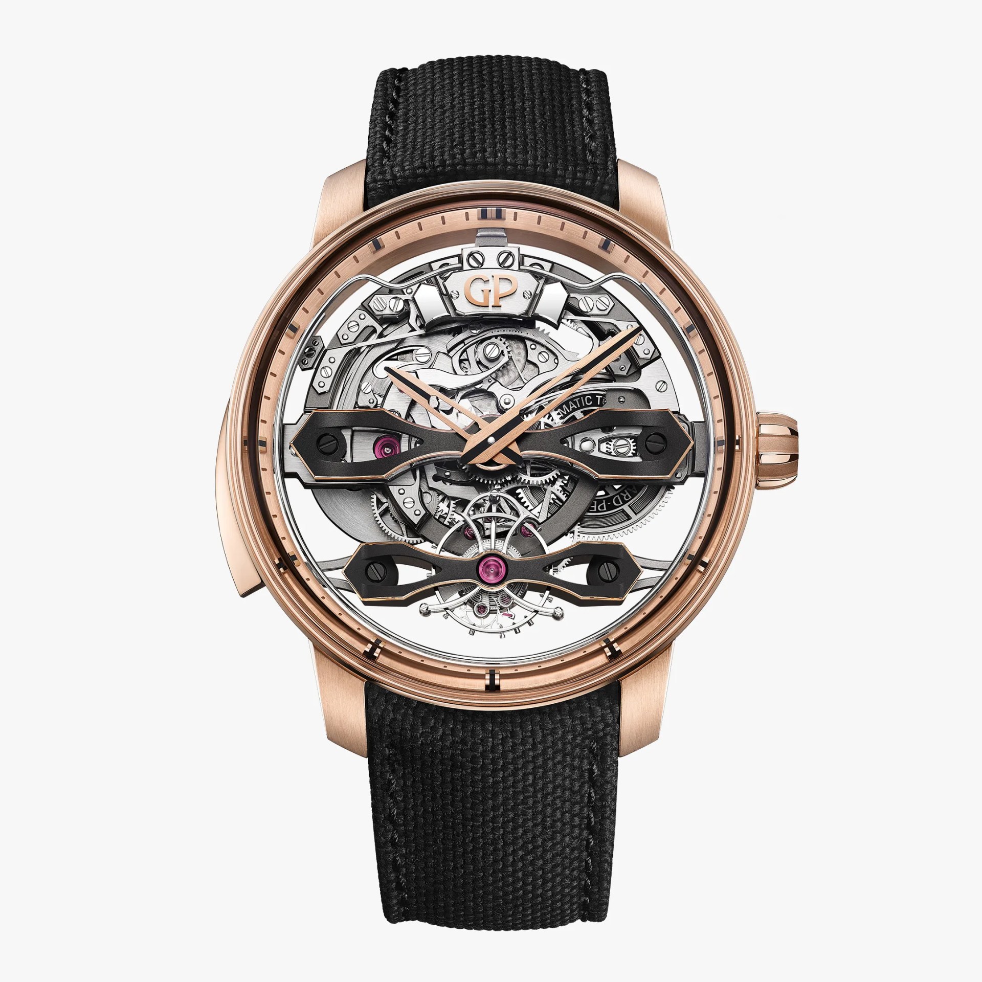 Rose gold wristwatch with a skeleton dial showing intricate mechanical gears and a black textured strap.