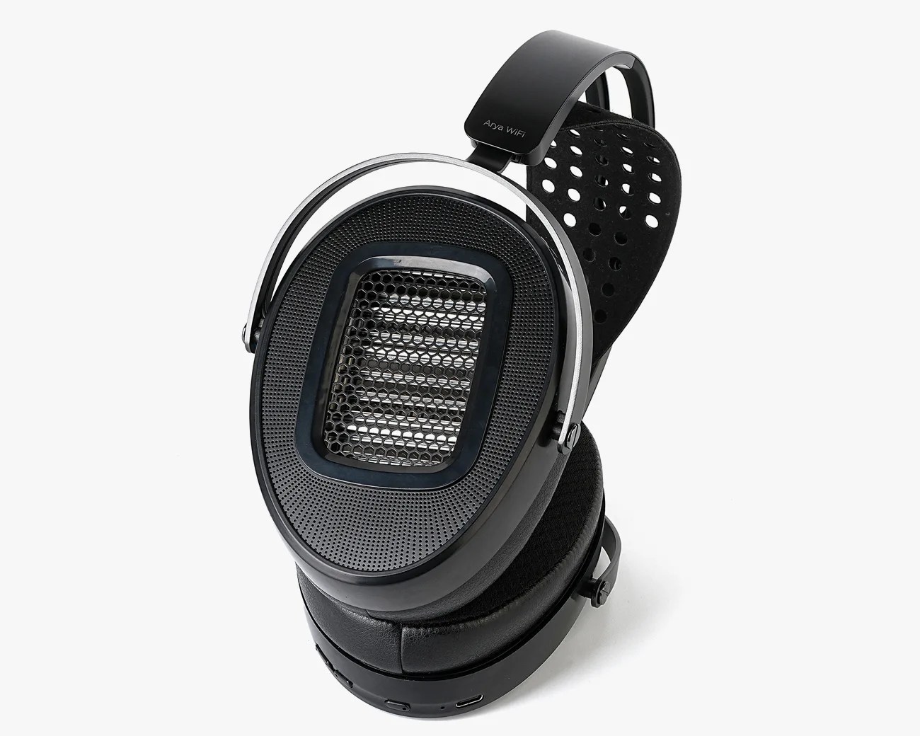 Black open-back over-ear headphones with perforated ear cups and a padded headband labeled "Arya WiFi.